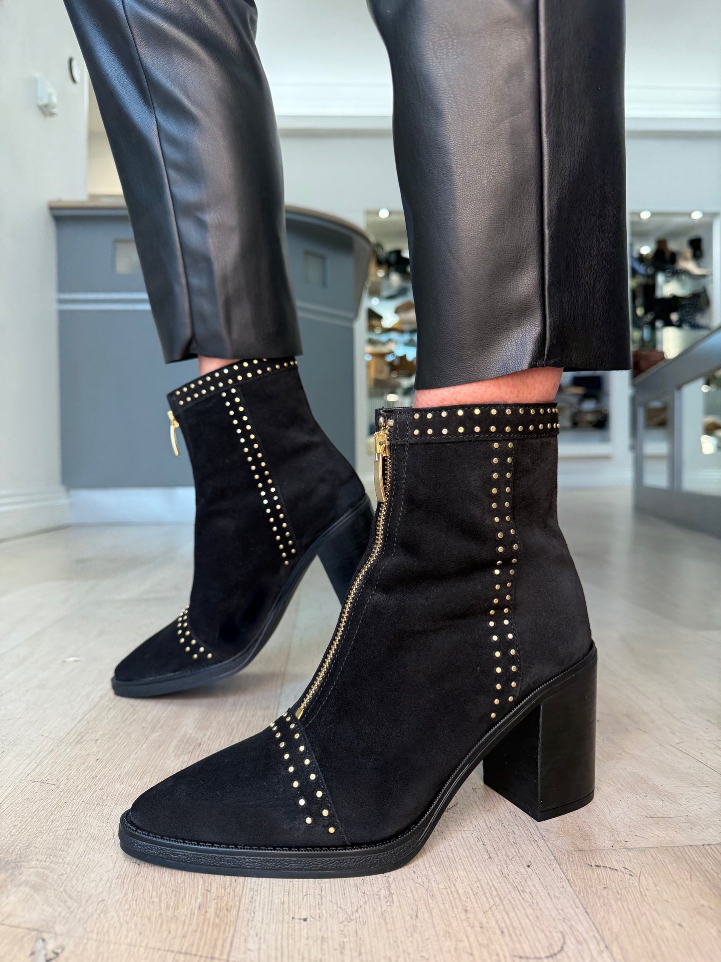 Alpe - Black Suede Zip Up Pointy Toe Boot With Block Heel & Gold Stud Trim