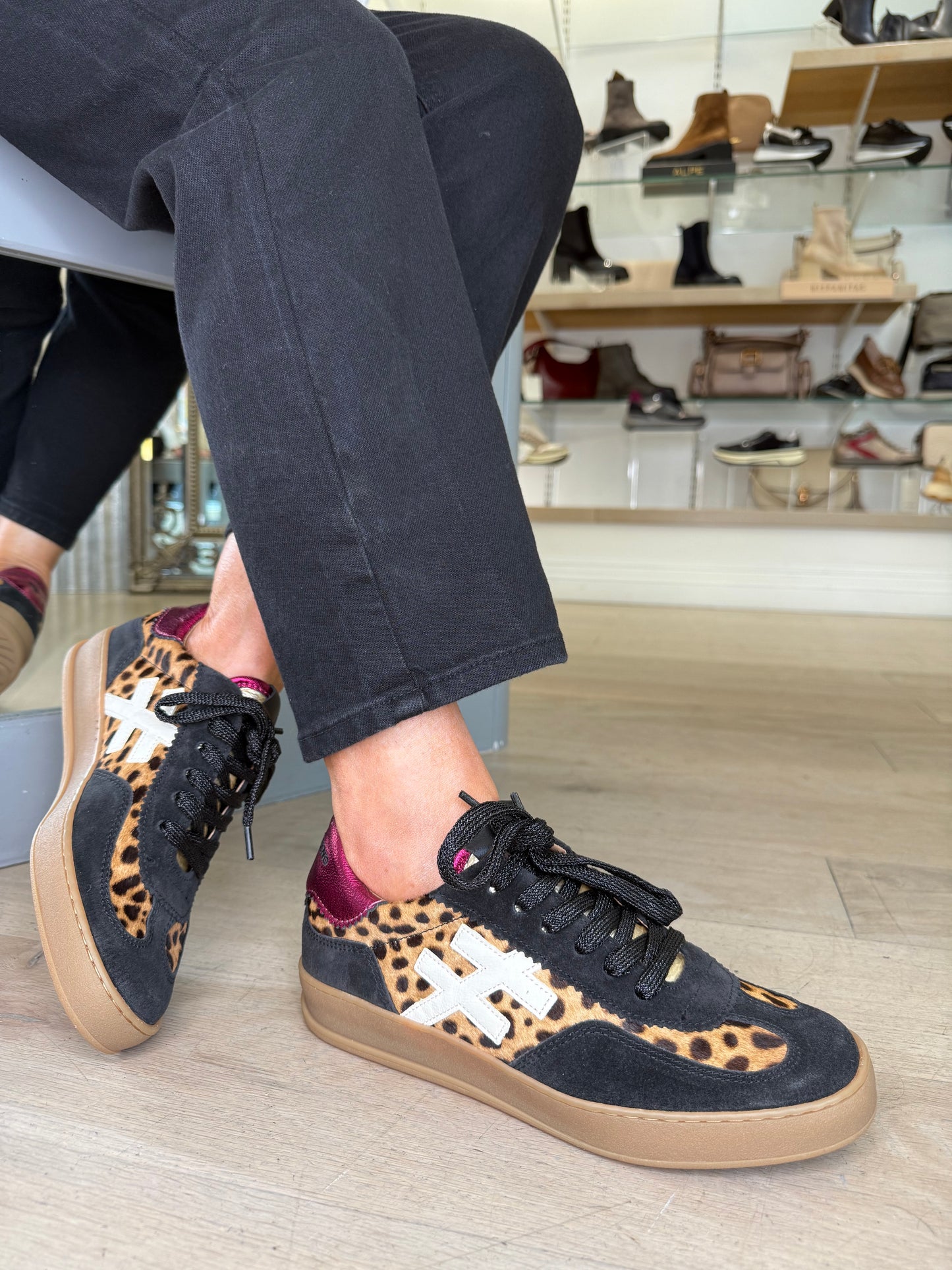 Another Trend - Black Suede/ Leopard Print Trainer With White Leather & Deep Metallic Pink Trim