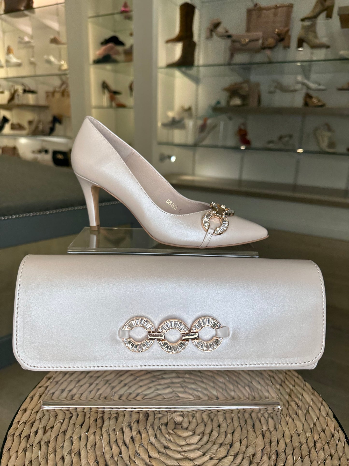Emis -Pearlised Beige Mid Heel Court With Gold Diamante Chain Trim