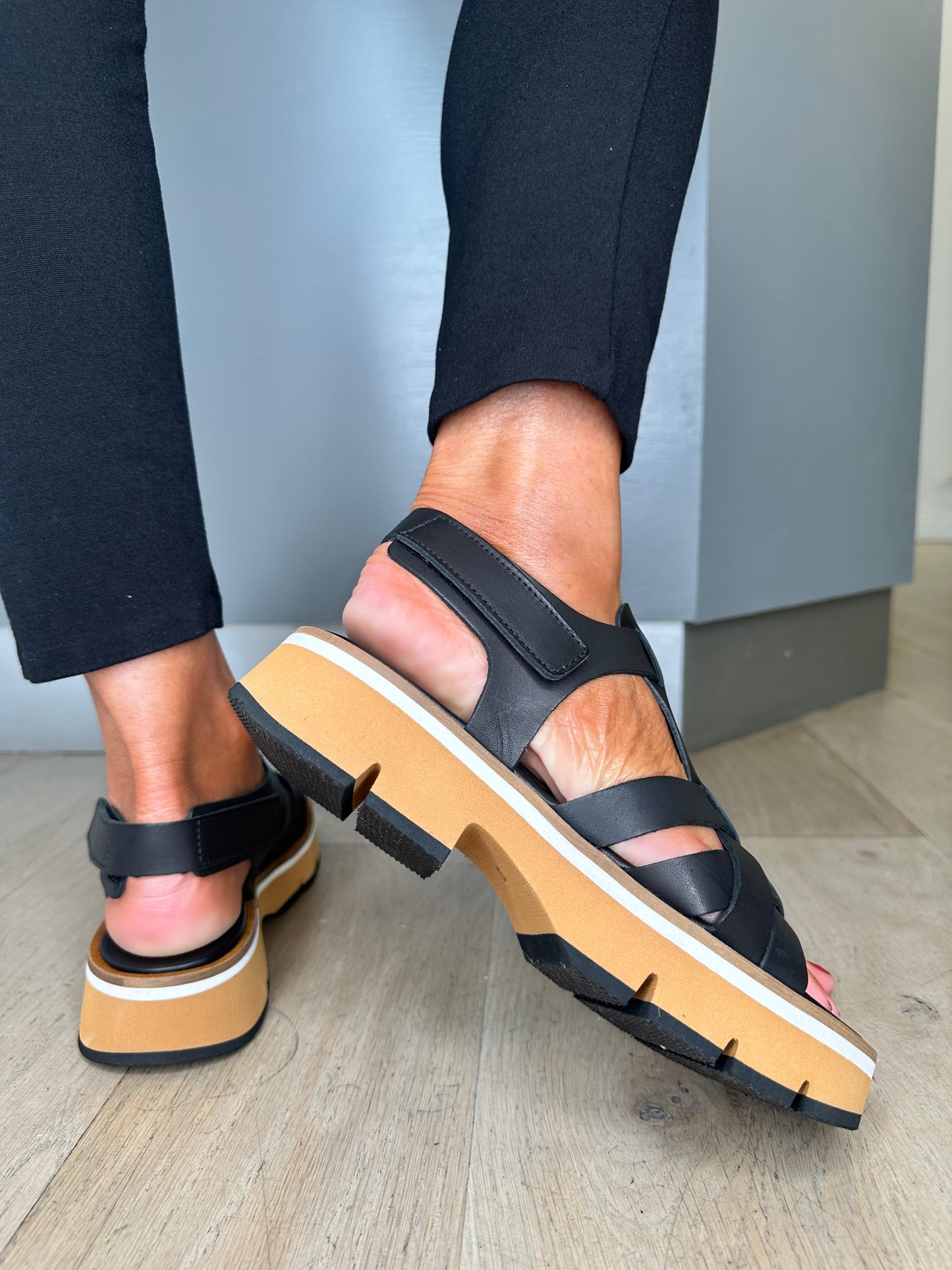Alpe -Black Gladiator Chunky Sole Sandal With Velcro Strap