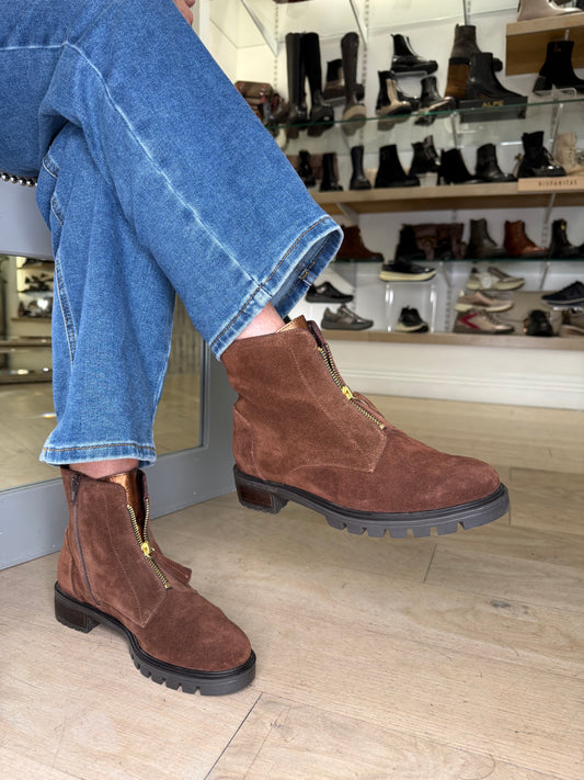 Ara -Chocolate Brown Suede Chelsea Style Boot With Bronze Trim