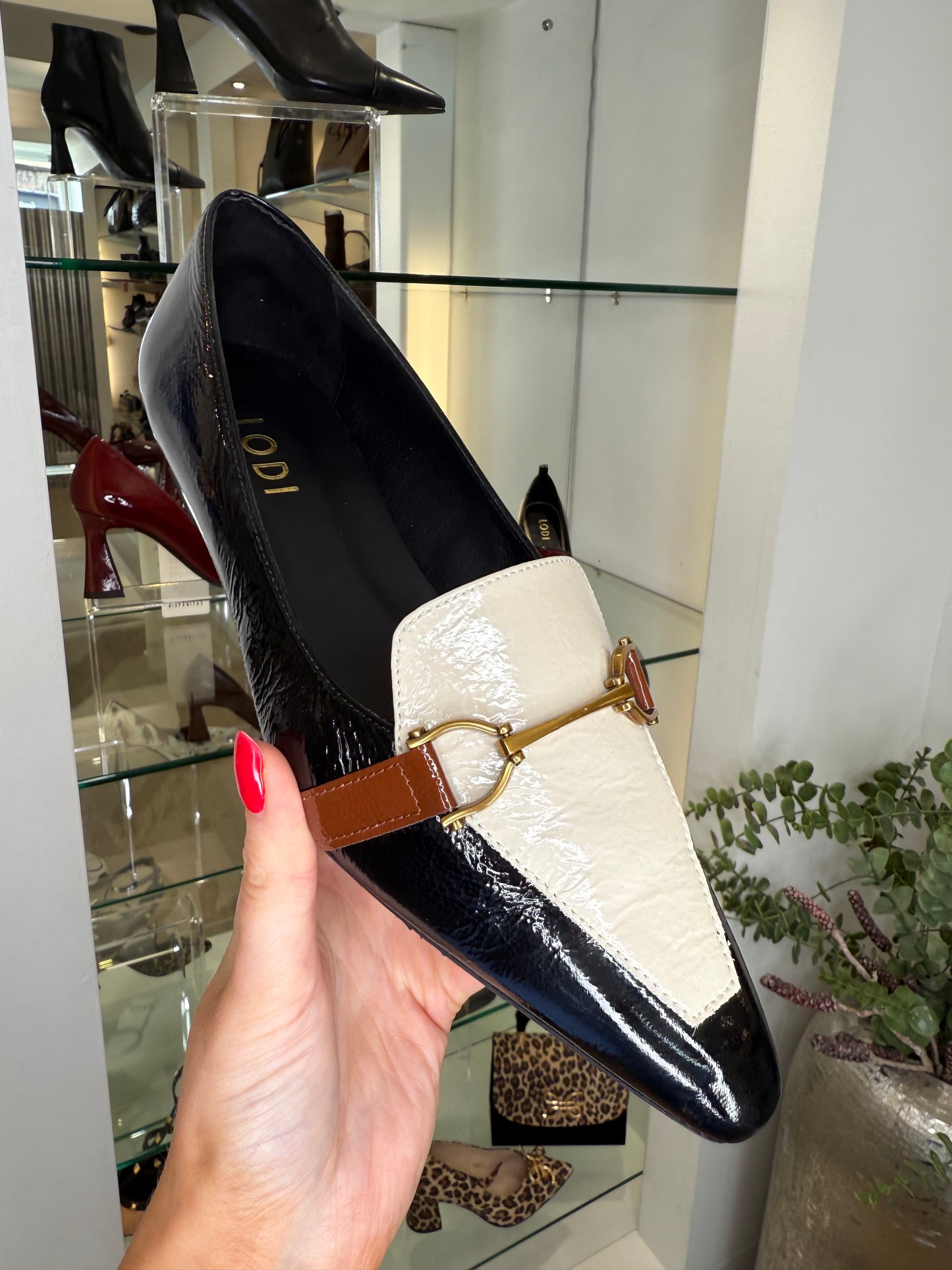 Lodi - Black Flexy Patent Pointy Toe Pomp With Cream & Tan Trim