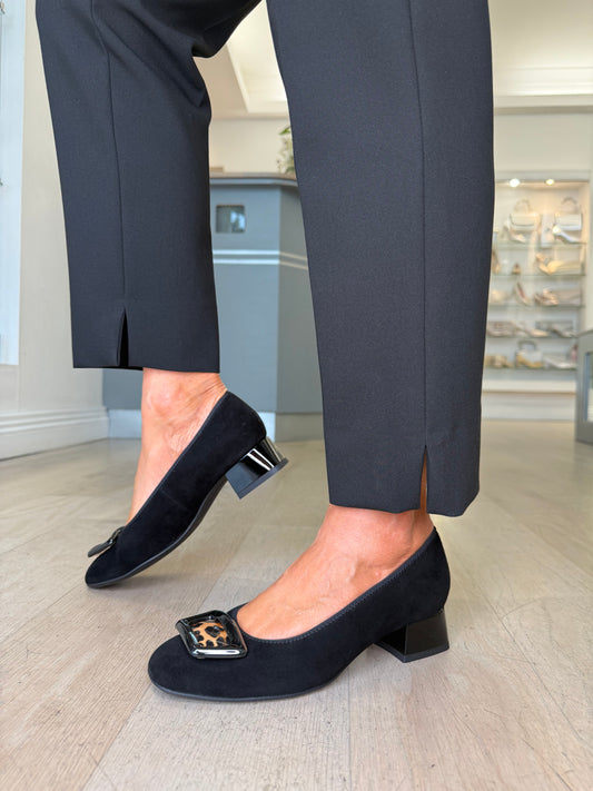 Ara - Black Suede Pomp Style Shoe With Leopard Print Trim