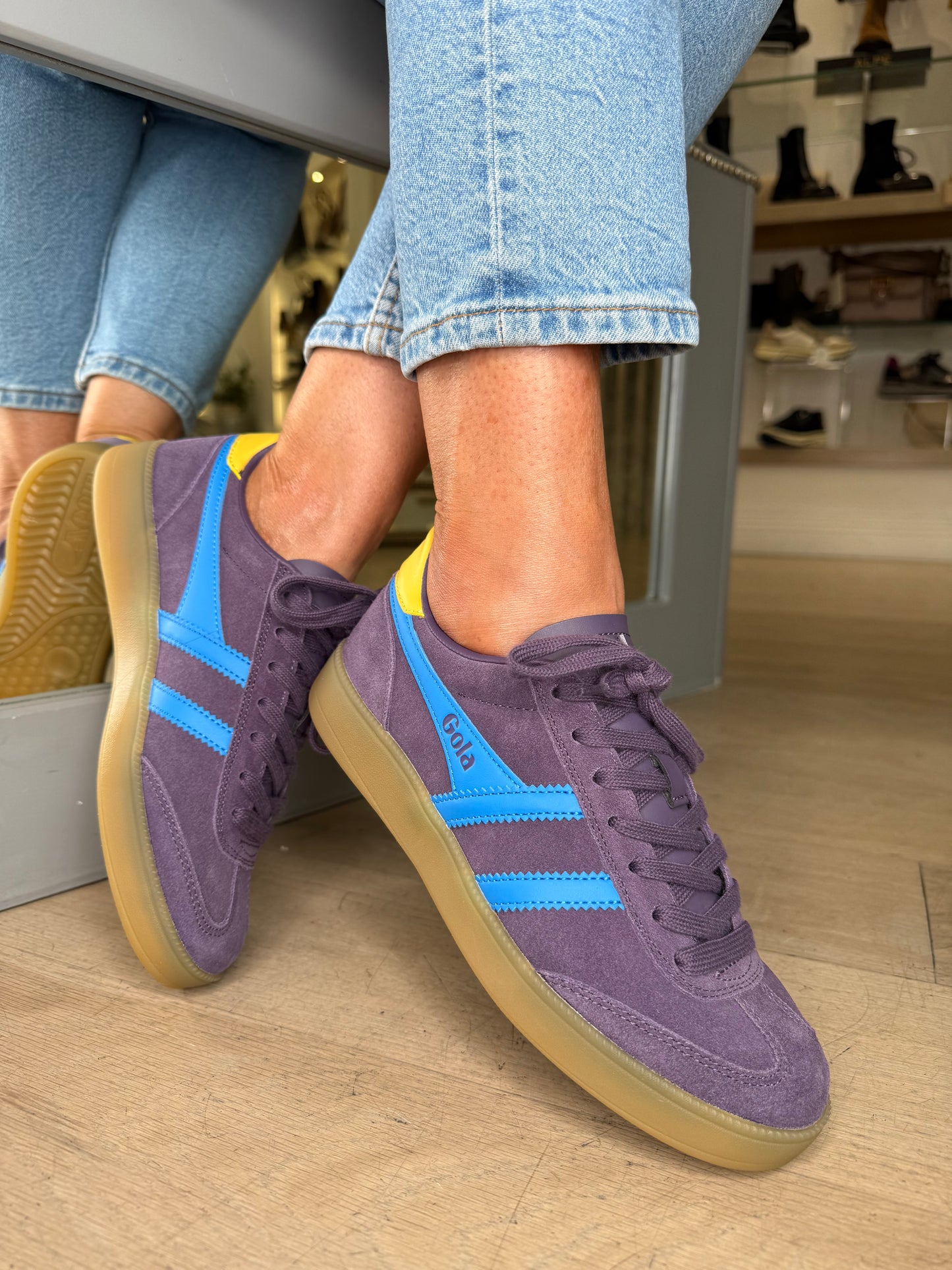 Gola = Viper Plum Suede Trainer With Blue & Mustard Trim