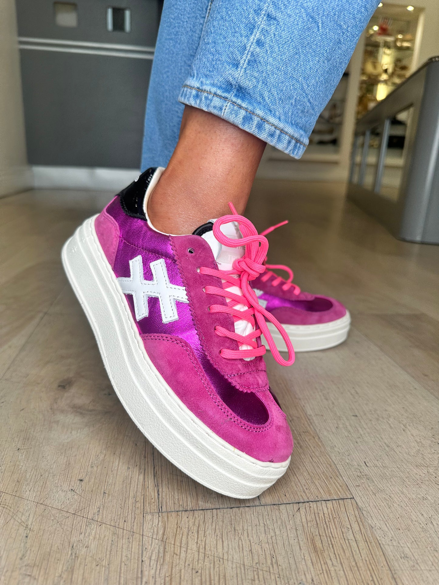Another Trend - Fuchsia Pink Suede Mix Platform Trainer