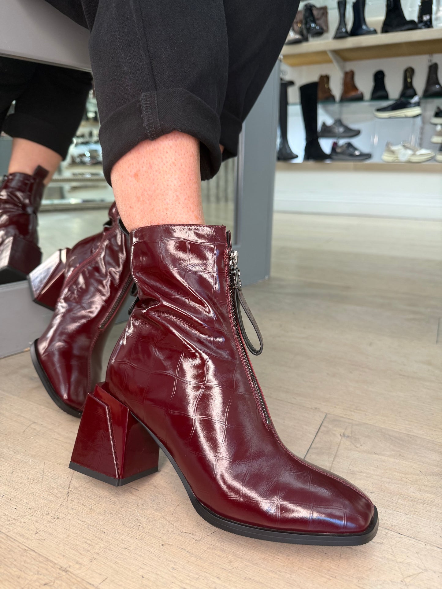 Loretta Vitale -Wine Flexy Croc Patent Square Toe Boot With Square Block Heel