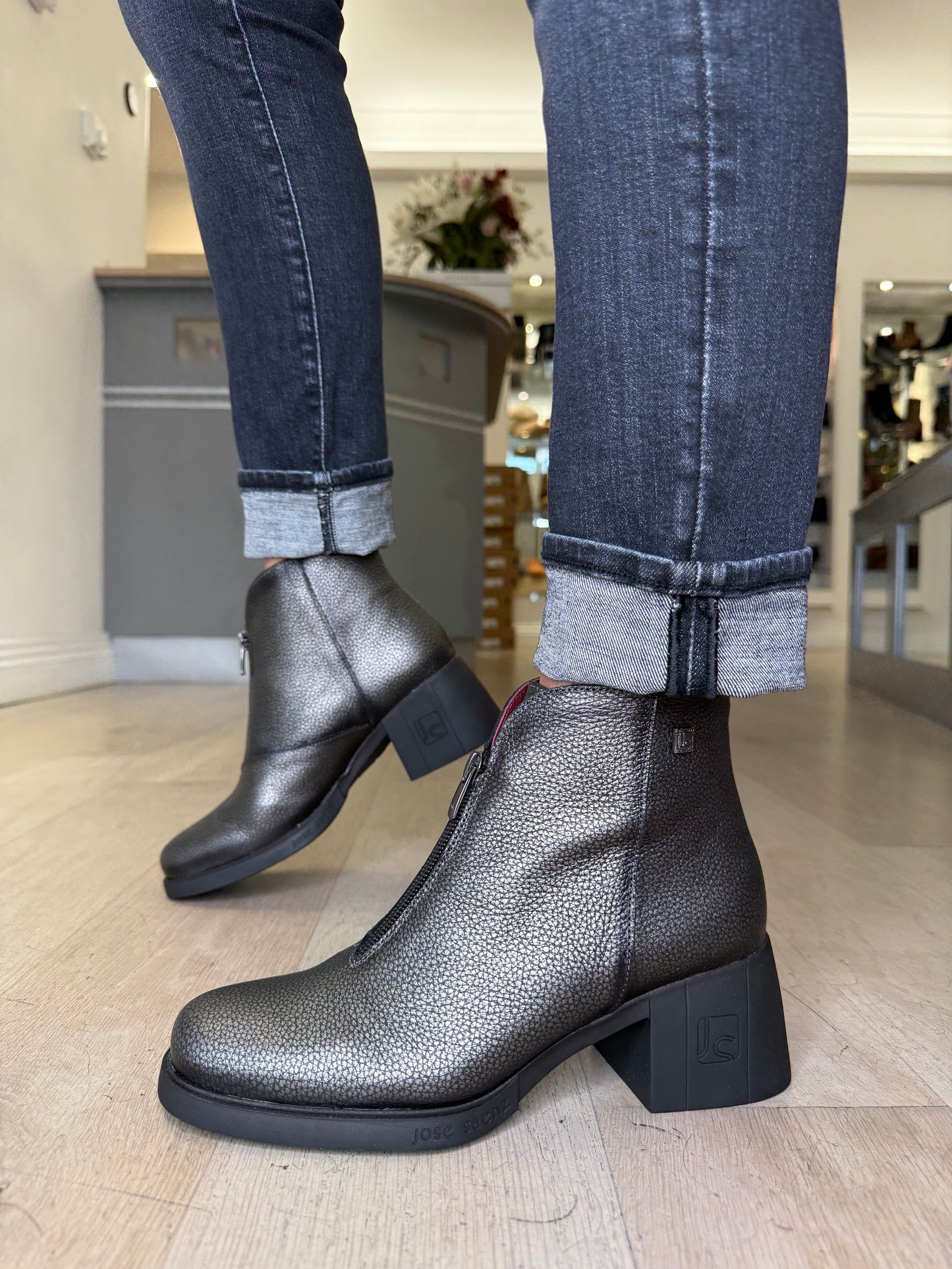 Jose Saenz - Pewter Leather Block Heel Zip Up Boot