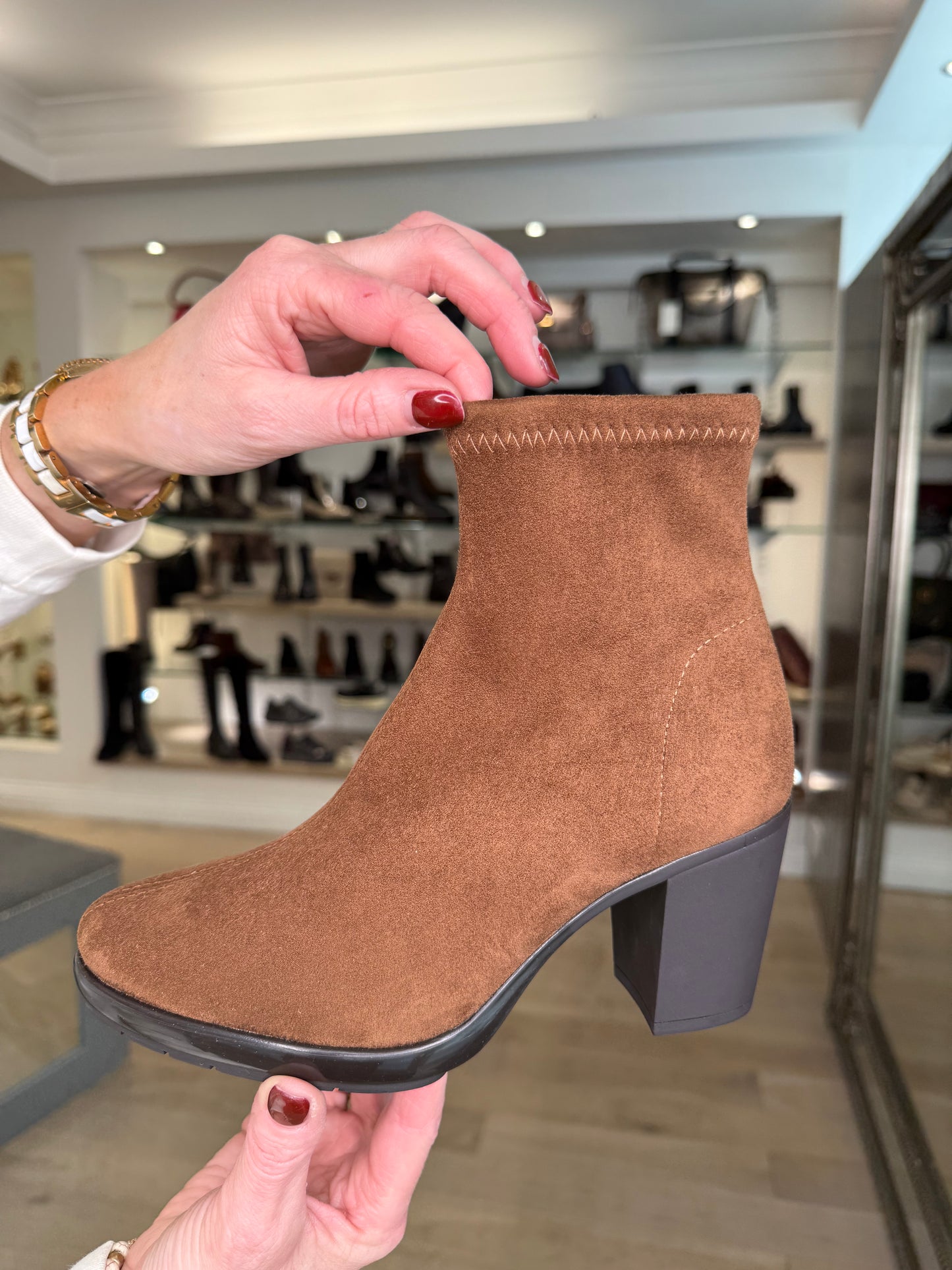 Miss Elastic - Tan Suede Block Heel Ankle Boot