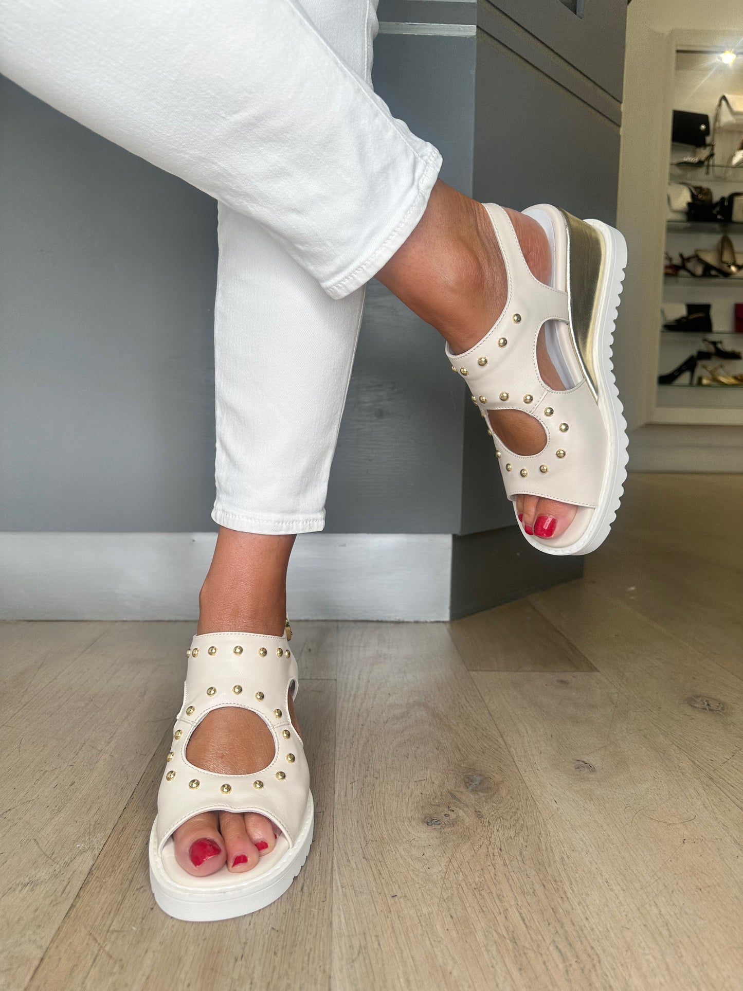 Marco Moreo - Cream Nappa Leather Wedge Sandal With Gold Stud Trim