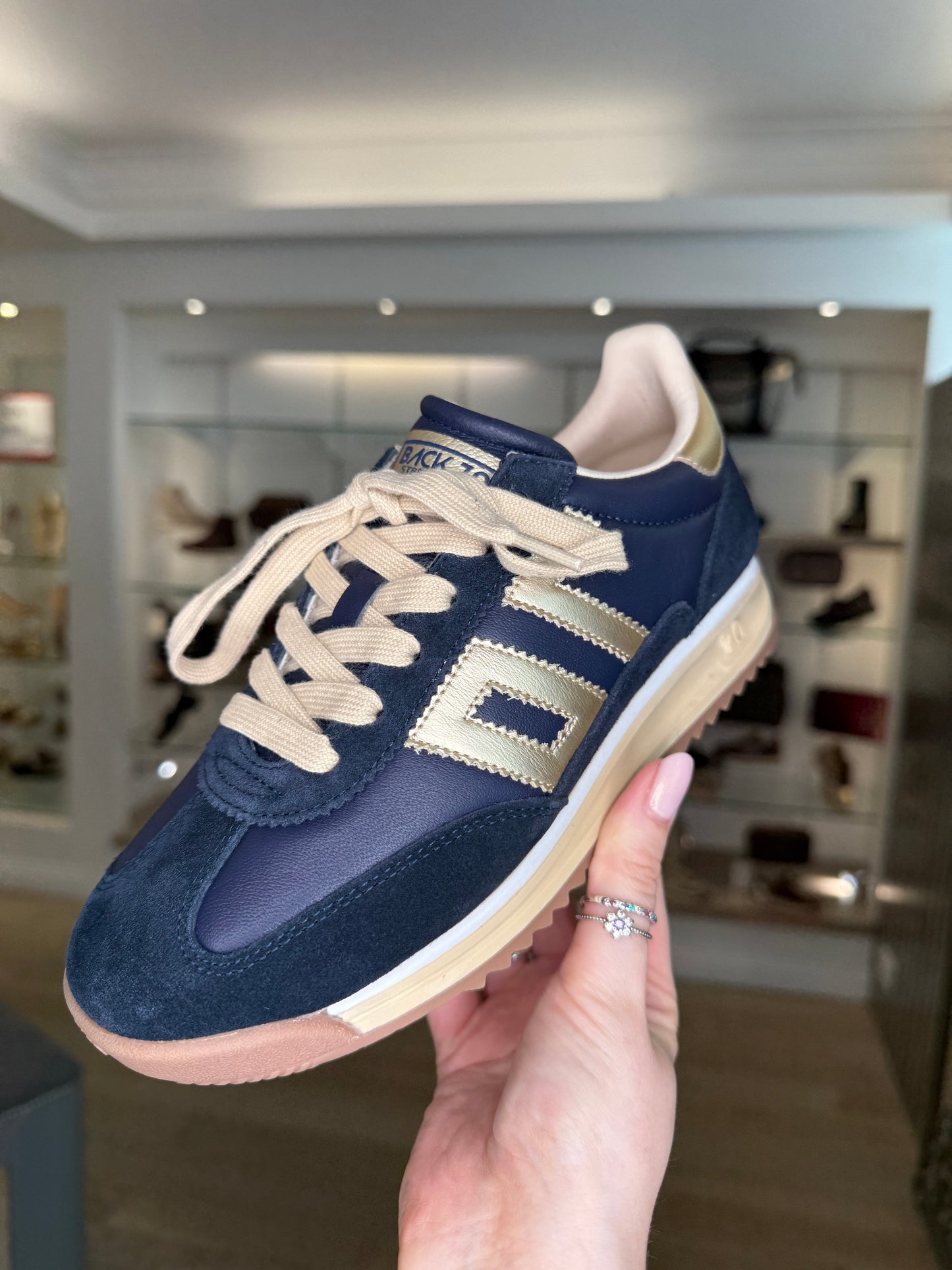 Back 70 - Dark Navy Suede / Leather Trainer with Gold Metallic Trim