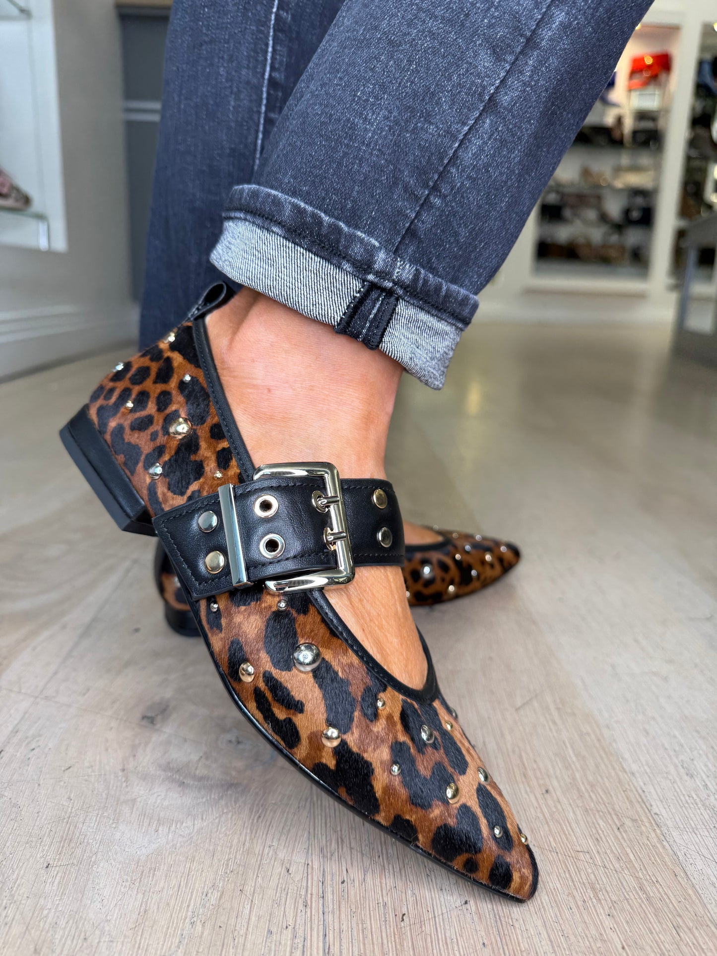Lodi - Leopard Print Pointy Toe Pomps With Studded Trim