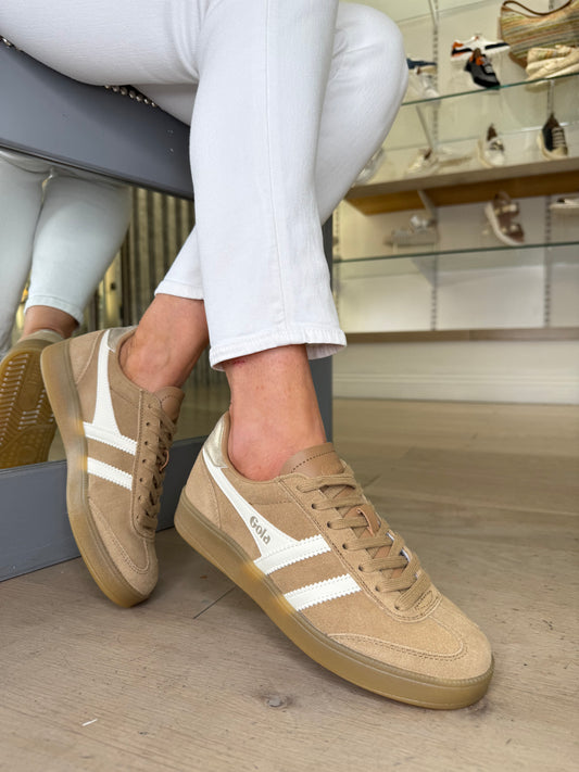 Gola - Viper Light Caramel Suede Trainer With White Leather & Gold Trim