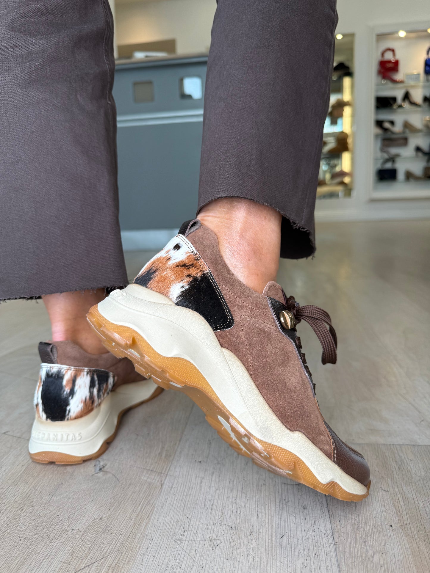 Hispanitas -Brown Suede/ Leather Animal Print Trainer With Metallic Bronze trim