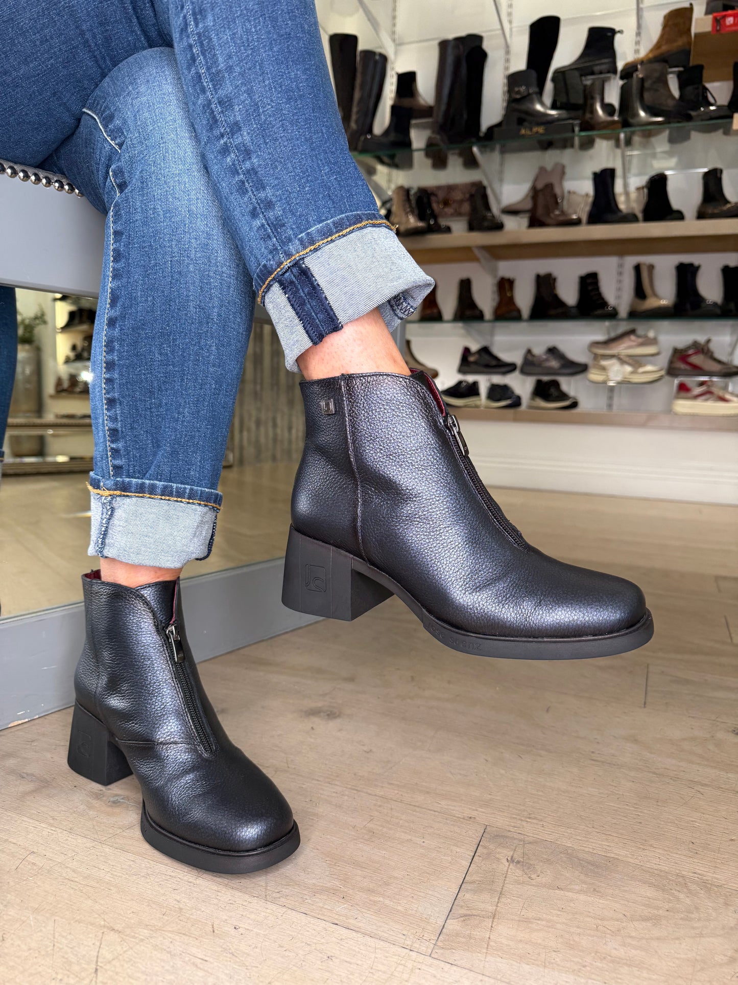 Jose Saenz - Dark Navy Leather Block Heel Zip Up Boot