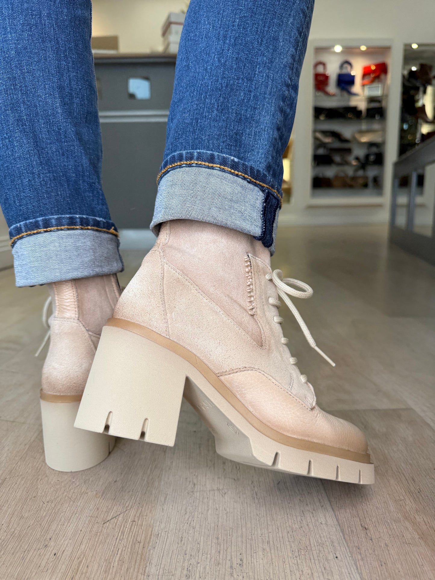 Hispanitas - Winter Cream Leather/ Suede Mix Boot With Lace Detail and Chunky Sole