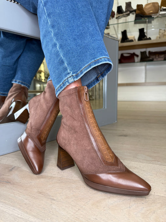 Hispanitas - Rich Brown Suede/ Leather Mix Pointy Toe Boot With Stacked Heel