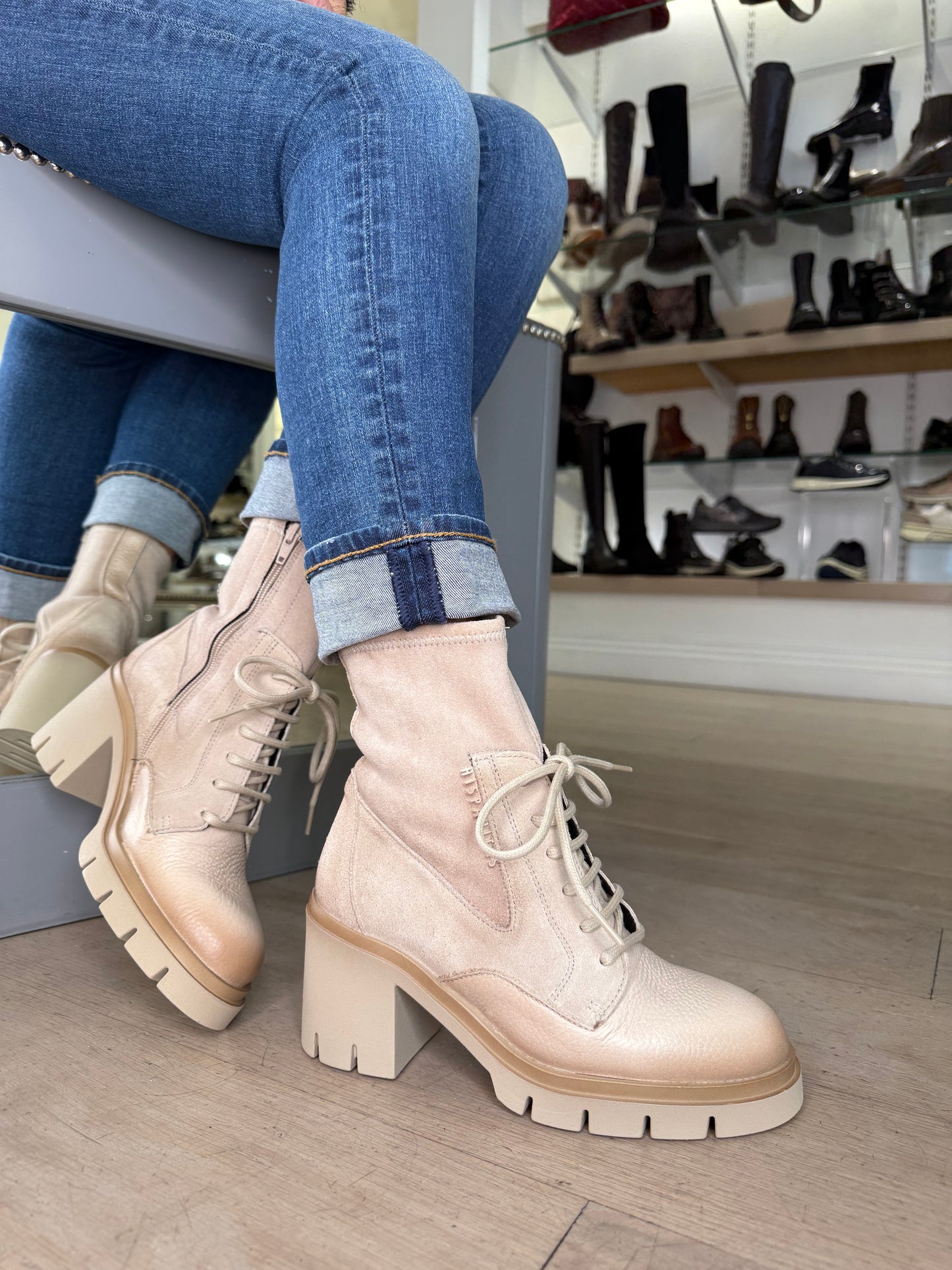 Hispanitas - Winter Cream Leather/ Suede Mix Boot With Lace Detail and Chunky Sole