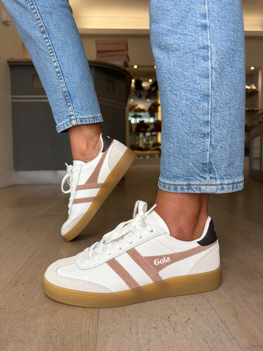 Gola = Viper White Leather Gum Sole Trainers With Dark Brown Trim