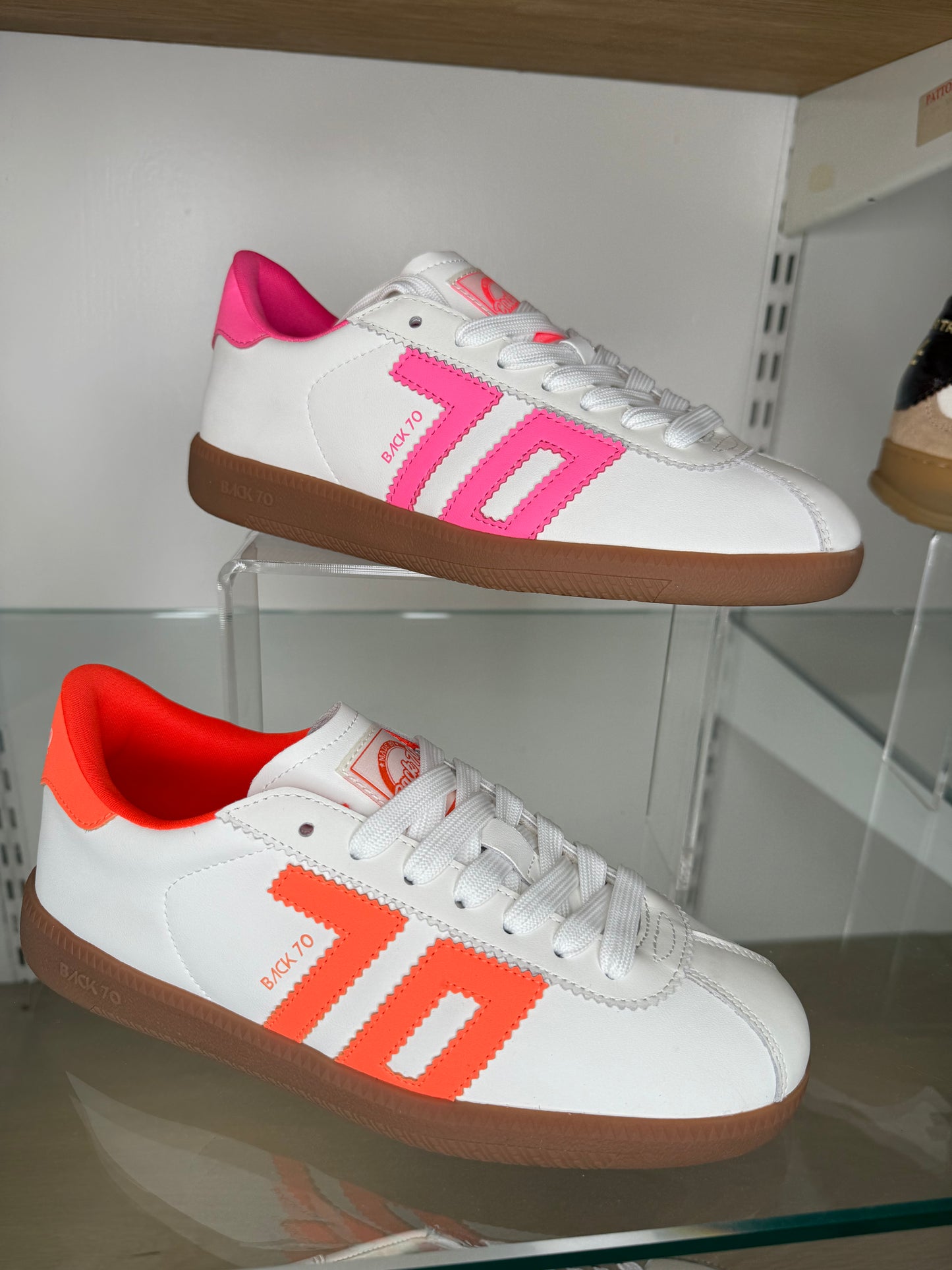 Back 70 -White Leather Trainer With Fluorescent Orange Trim