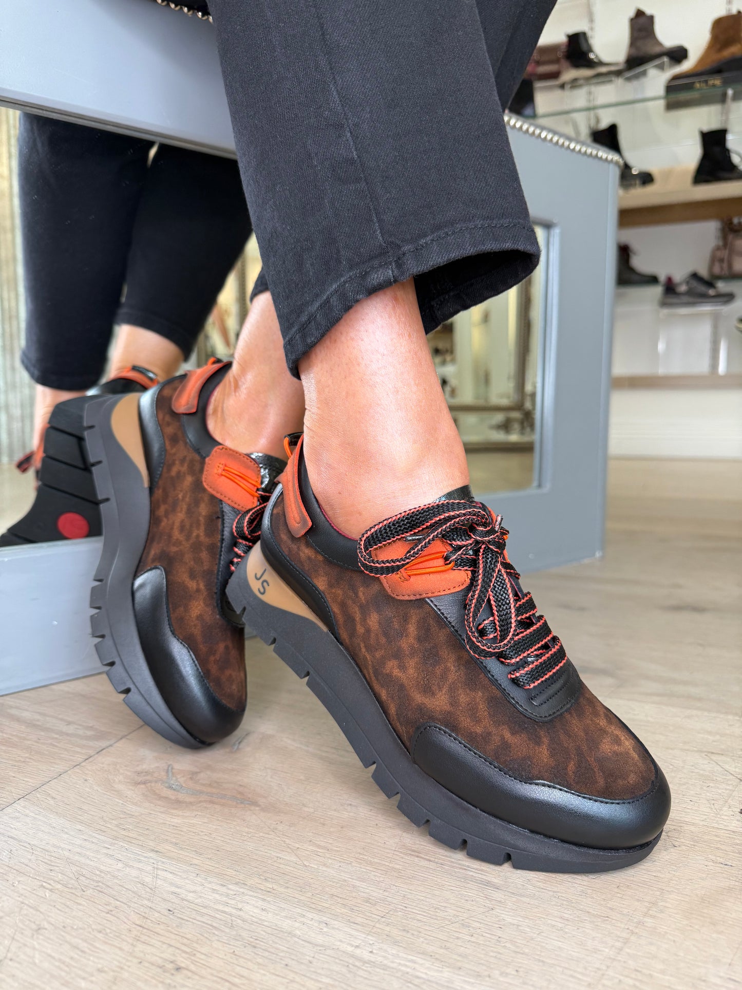 Jose Saenz - Black Leather / Leopard Print Trainer With A Burnt Orange Trim