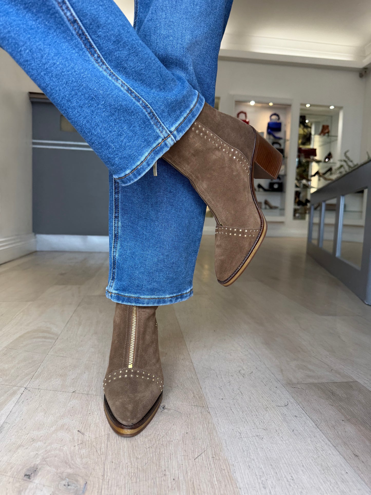 Alpe - Tobacco Suede Zip Up Pointy Toe Boot With Block Heel & Gold Stud Trim