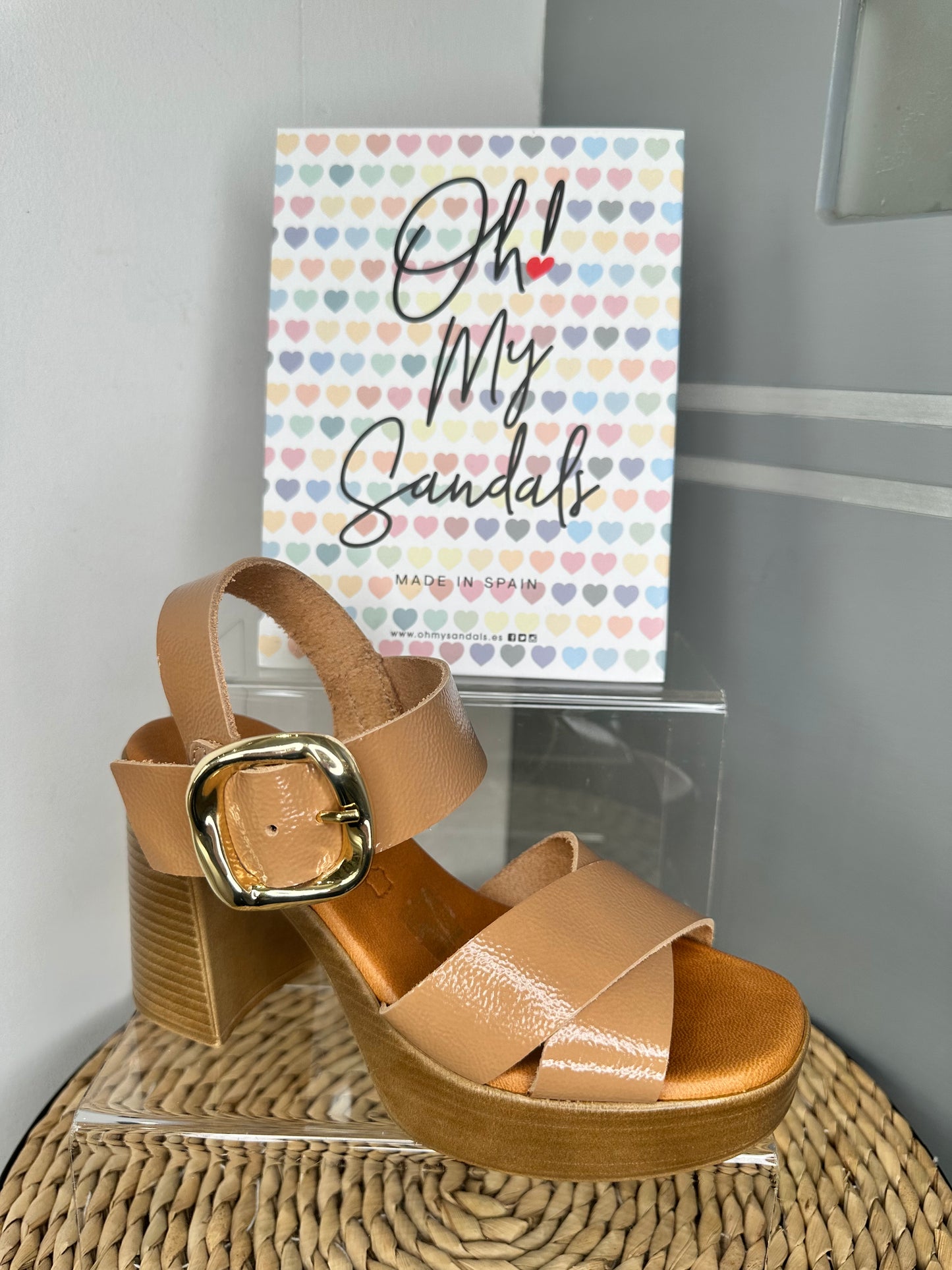 Oh My Sandals - Rich Taupe Flexy Patent Strappy Block Heel Platform Sandal