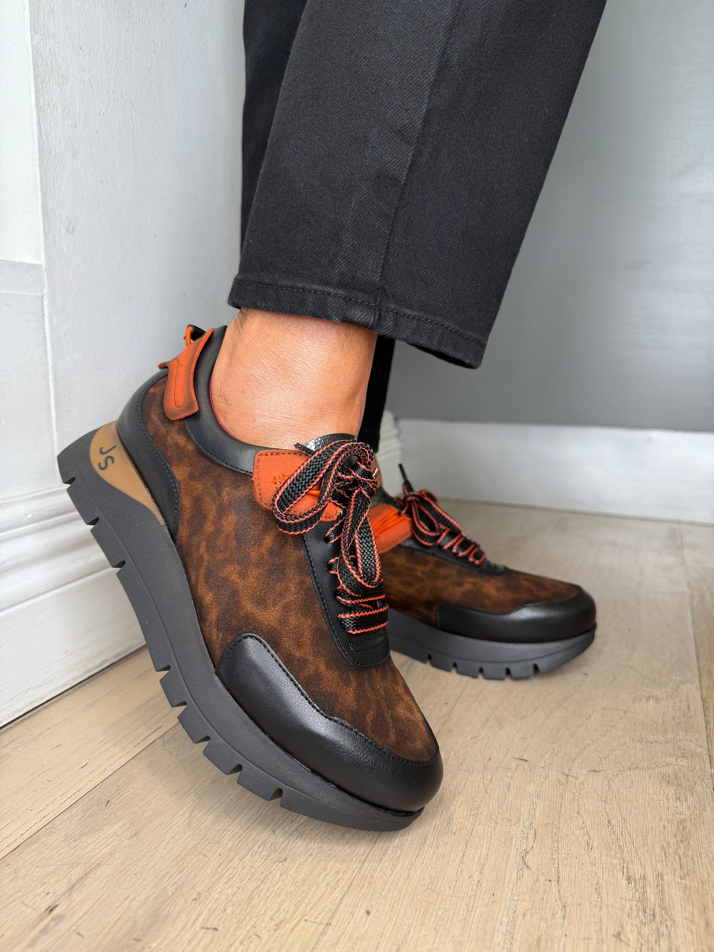 Jose Saenz - Black Leather / Leopard Print Trainer With A Burnt Orange Trim