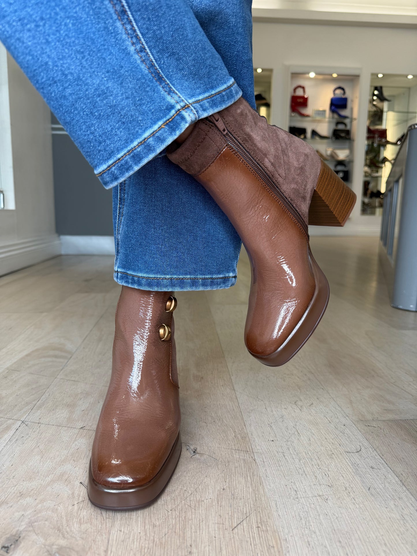 Hispanitas - Mocha Flexy Patent/ Stretch Suede Block Heel Boot