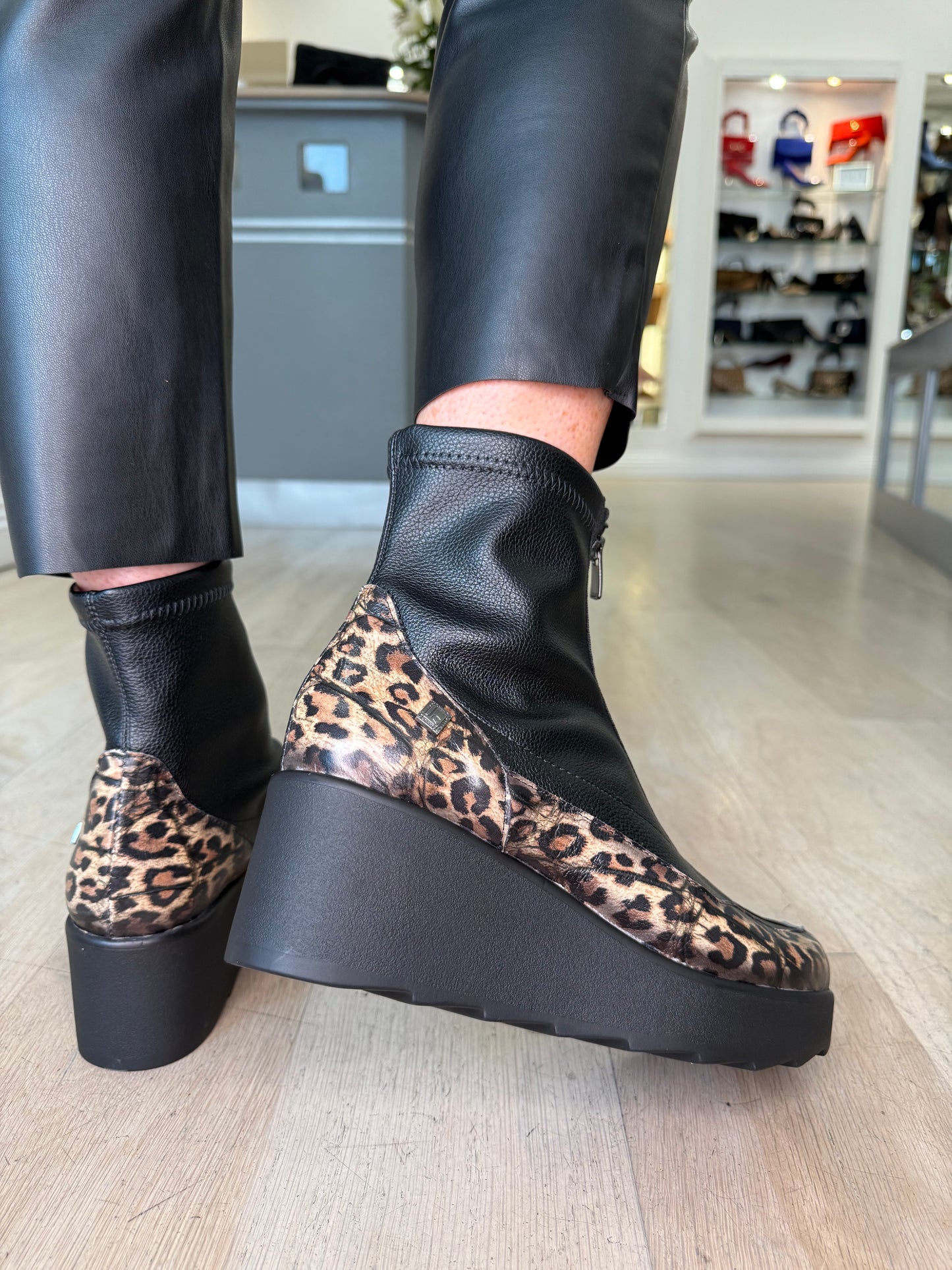 Jose Saenz -Black Leopard Print Mix Wedge Boot