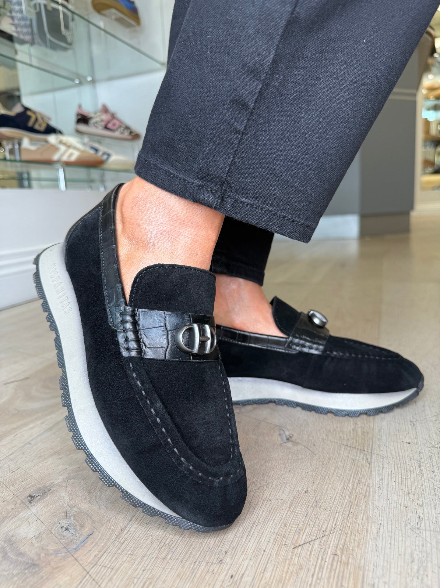 Hispanitas - Black Suede Moccasin Shoe With Black Leather Croc Trim