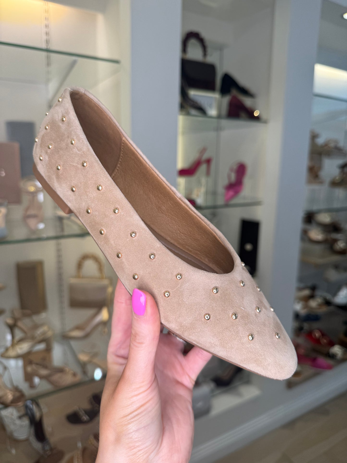 Alpe - Soft Camel Suede Pump With Gold Stud Trim