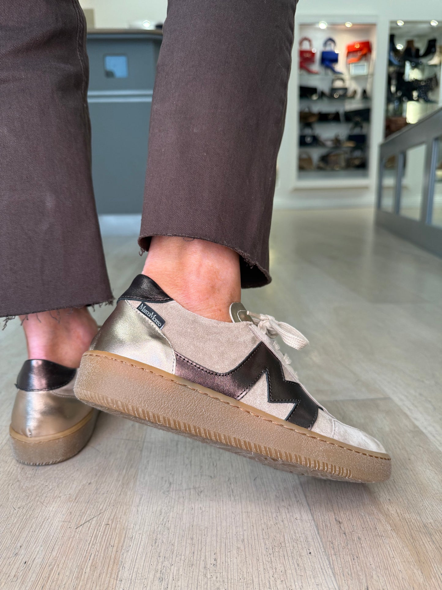 Marco Moreo -Beige Suede Trainer With Bronze Trim