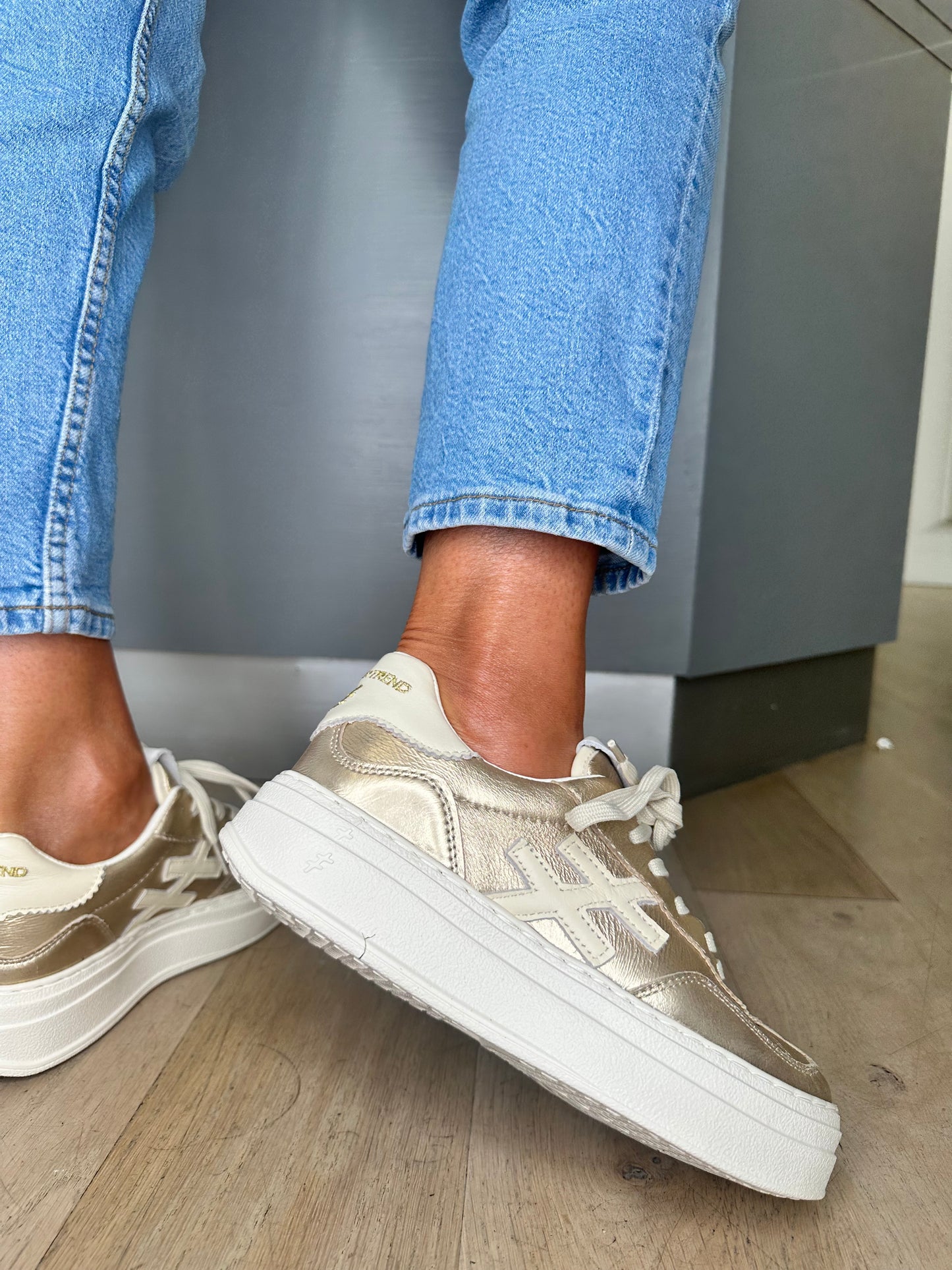 Another Trend - Soft Metallic Gold With Cream Trim & White Sole Platform Trainer