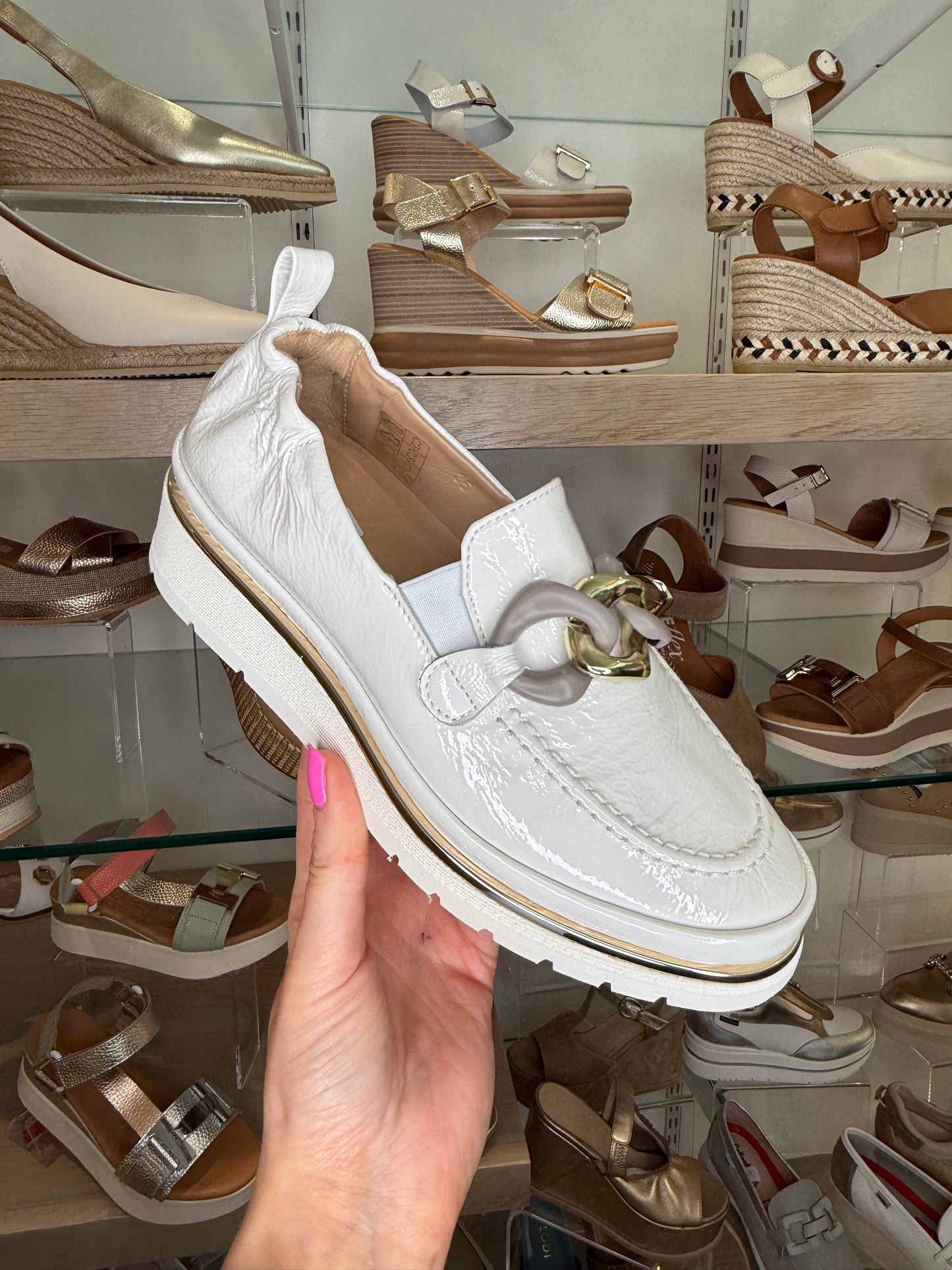 XSA -Soft Flexy Off White Patent Leather Slip On Wedge Shoe