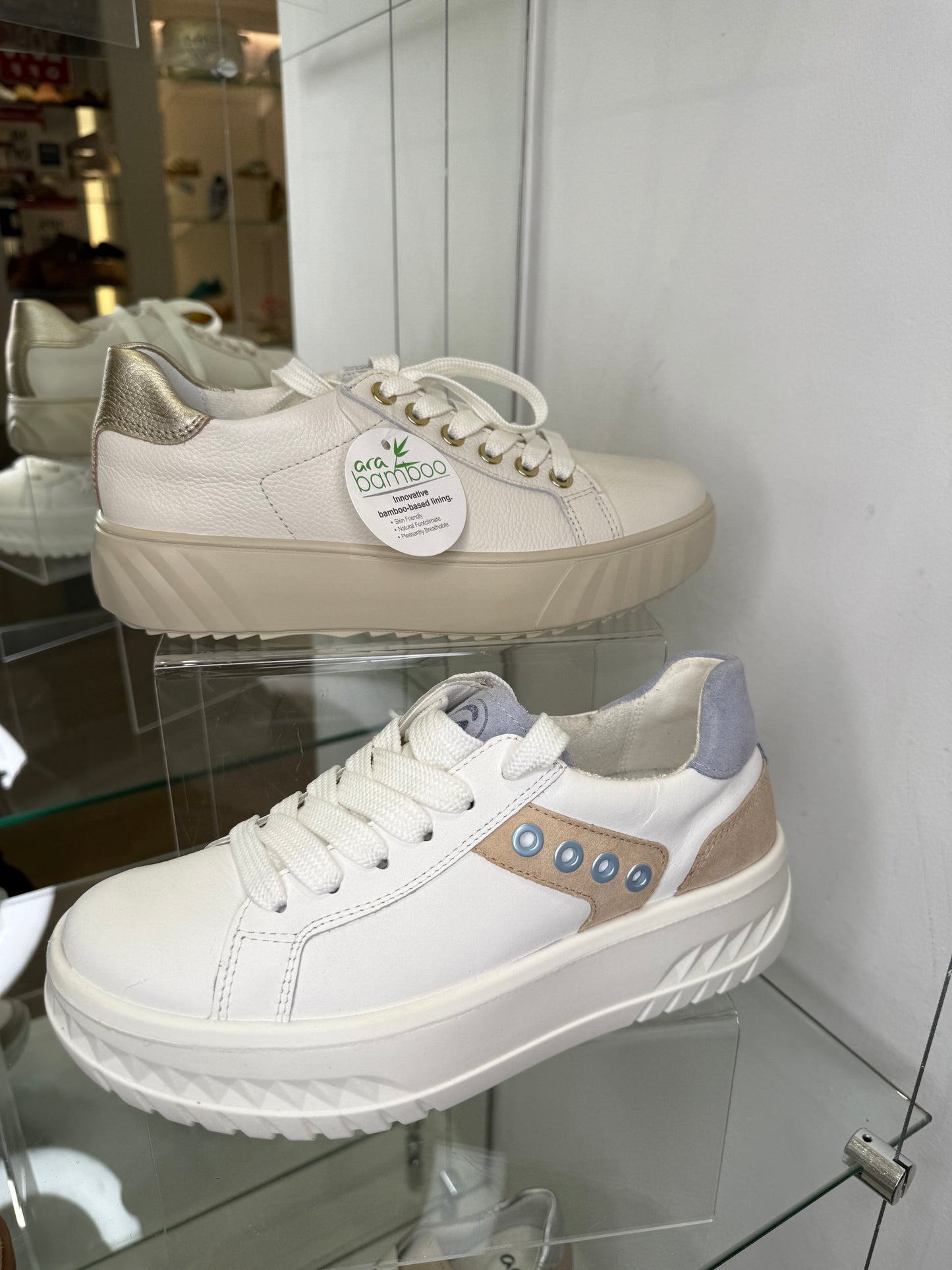 Ara - White Flatform Side Zip Trainer With Sky Blue & Beige Suede Trim