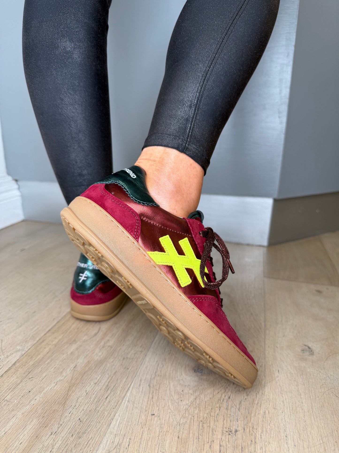 Another Trend - Wine Suede/ Metallic Trainer With Yellow & Teal Trim