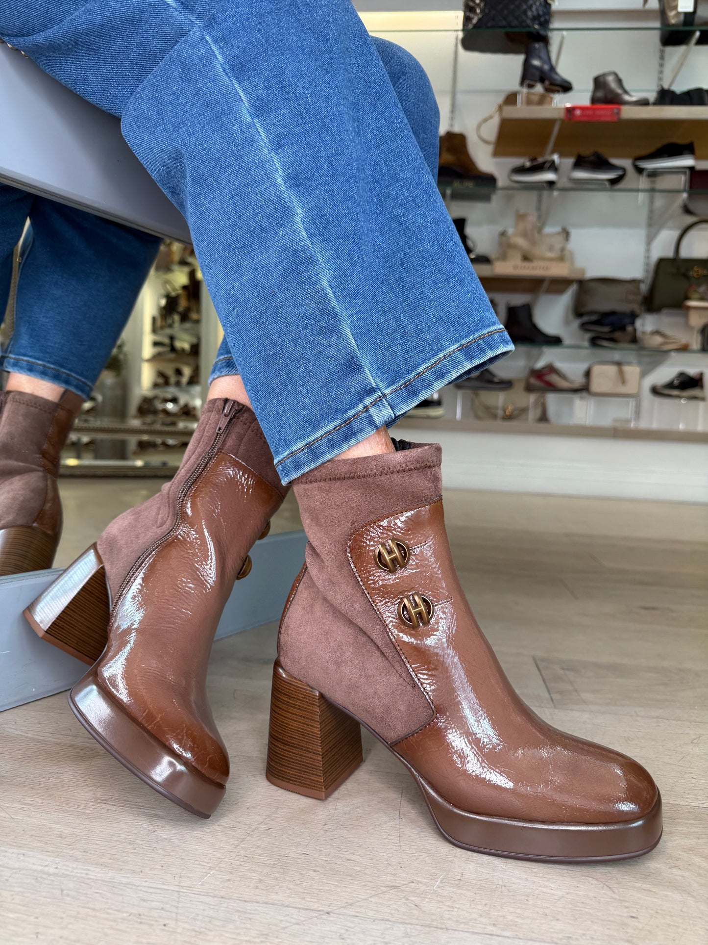 Hispanitas - Mocha Flexy Patent/ Stretch Suede Block Heel Boot