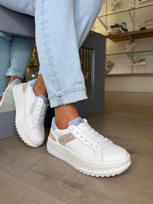 Ara - White Flatform Side Zip Trainer With Sky Blue & Beige Suede Trim