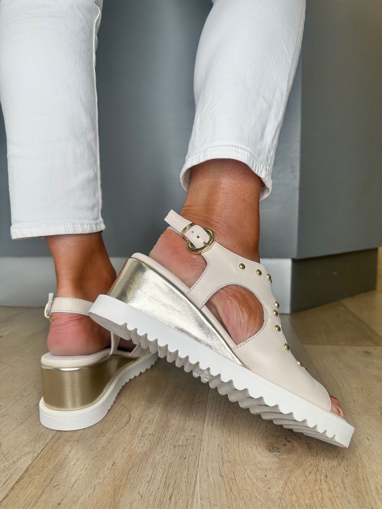 Marco Moreo - Cream Nappa Leather Wedge Sandal With Gold Stud Trim