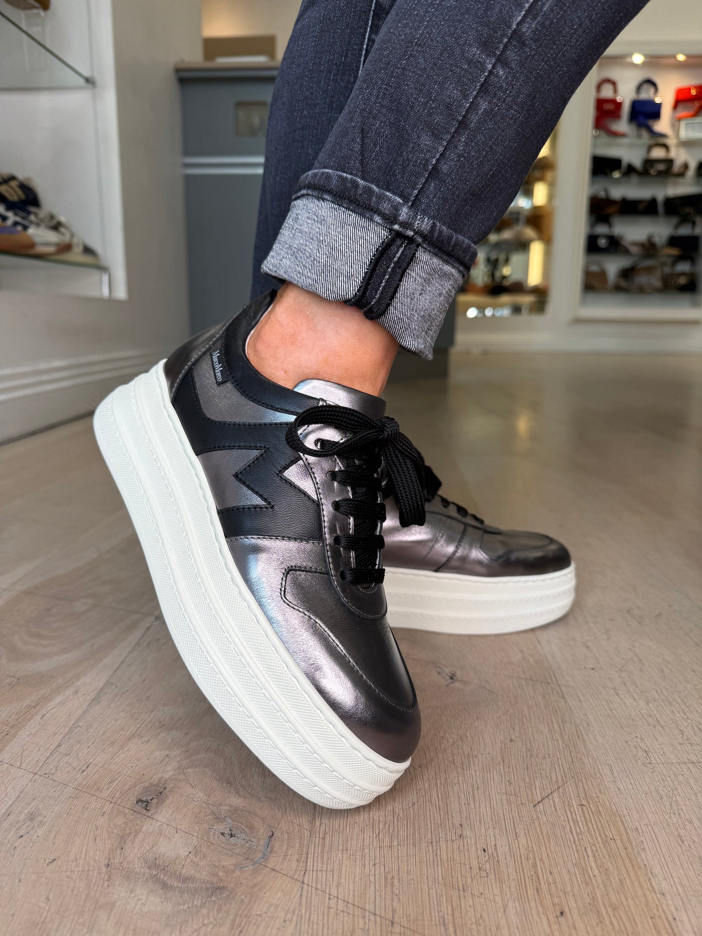 Marco Moreo -Metallic Pewter Flatform Trainer With Black Trim