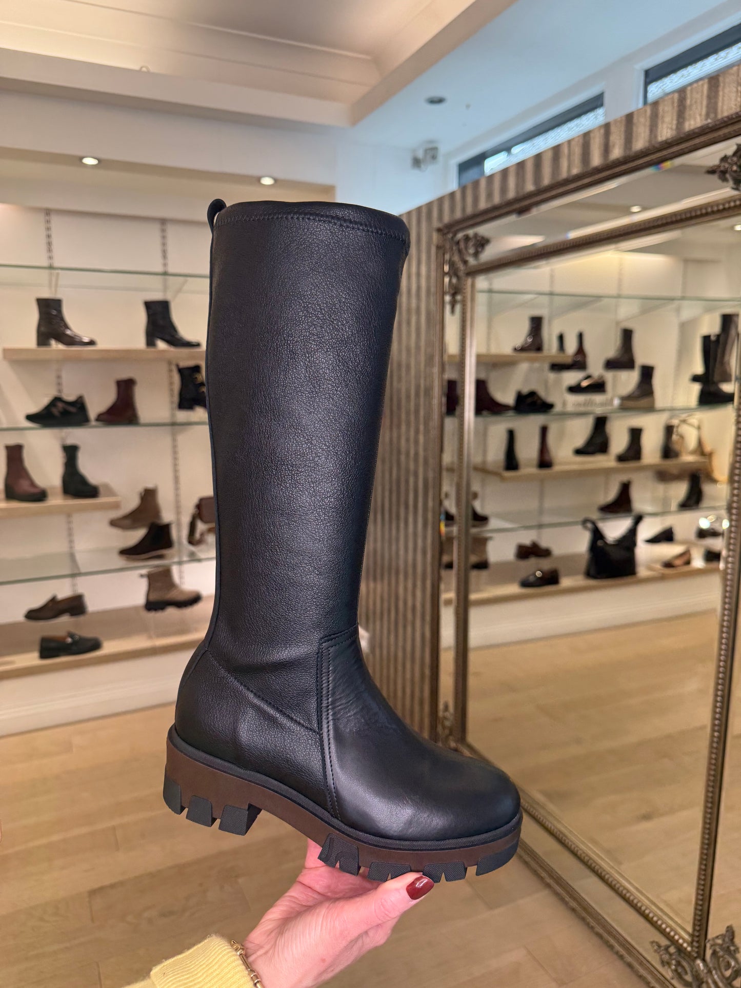 Jose Saenz -Long Black Stretch Leather Chunky Sole Boot