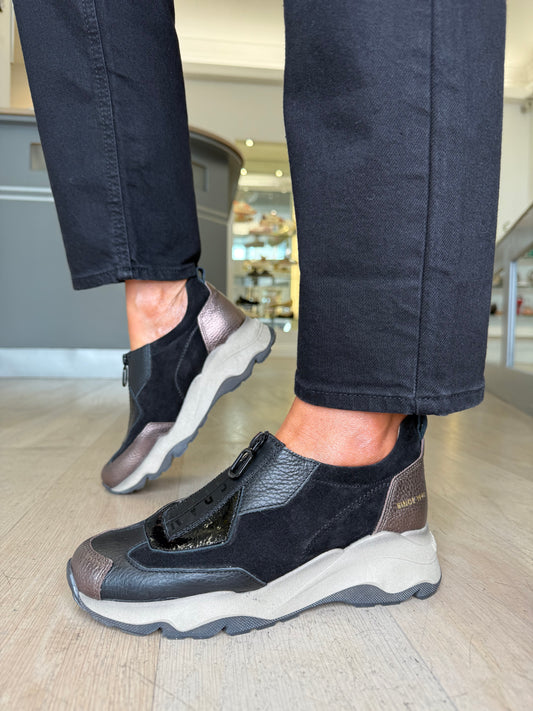 Hispanitas - Black Suede / Leather Patent Mix Zip Up Sporty Shoe