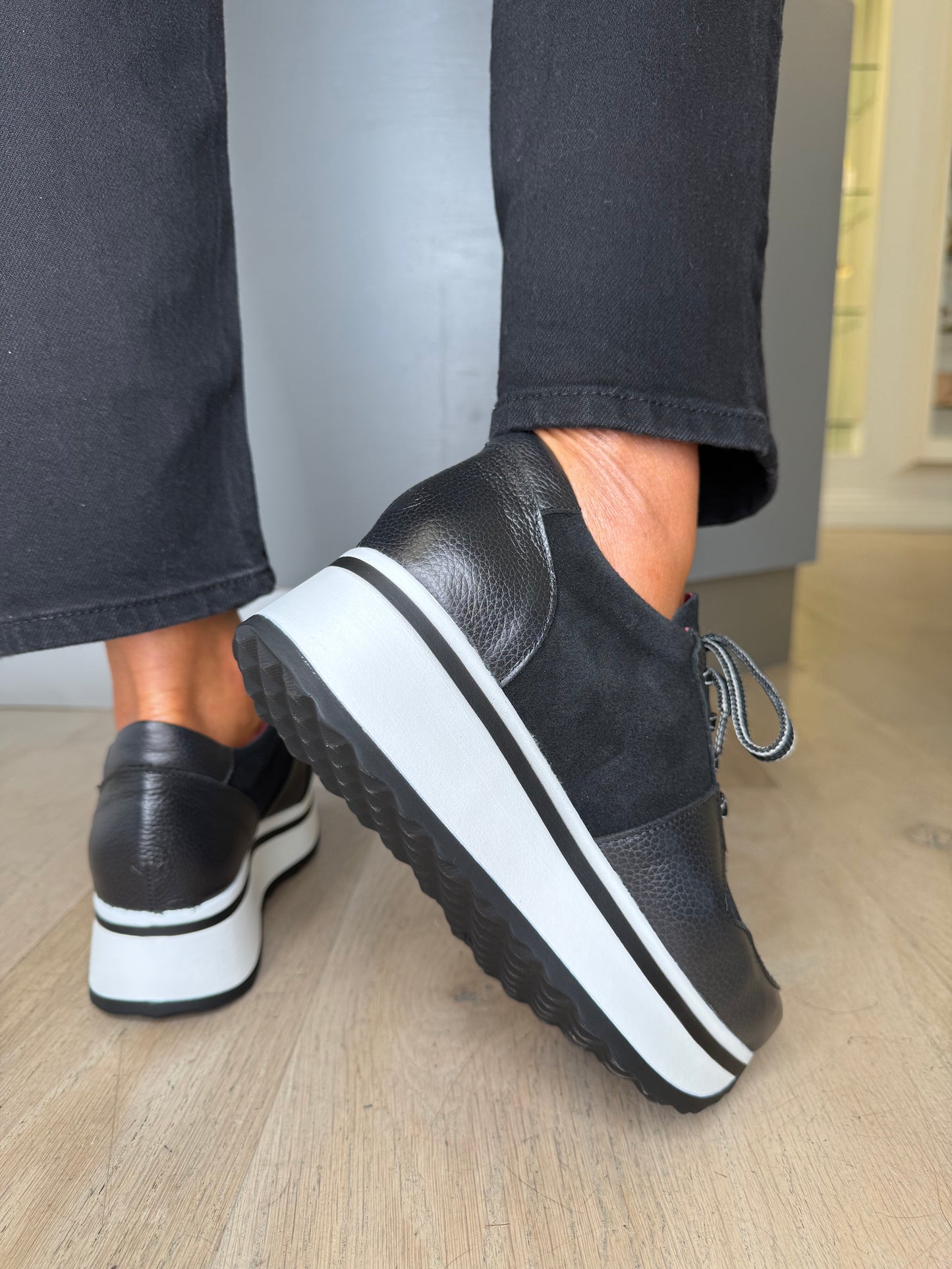 Jose Saenz - Black Suede/Leather Lace Up White Chunky Sole Shoe