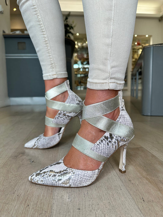 Marian -Cream / Gold Snake Print Pointy Shoe Strappy Court Shoe