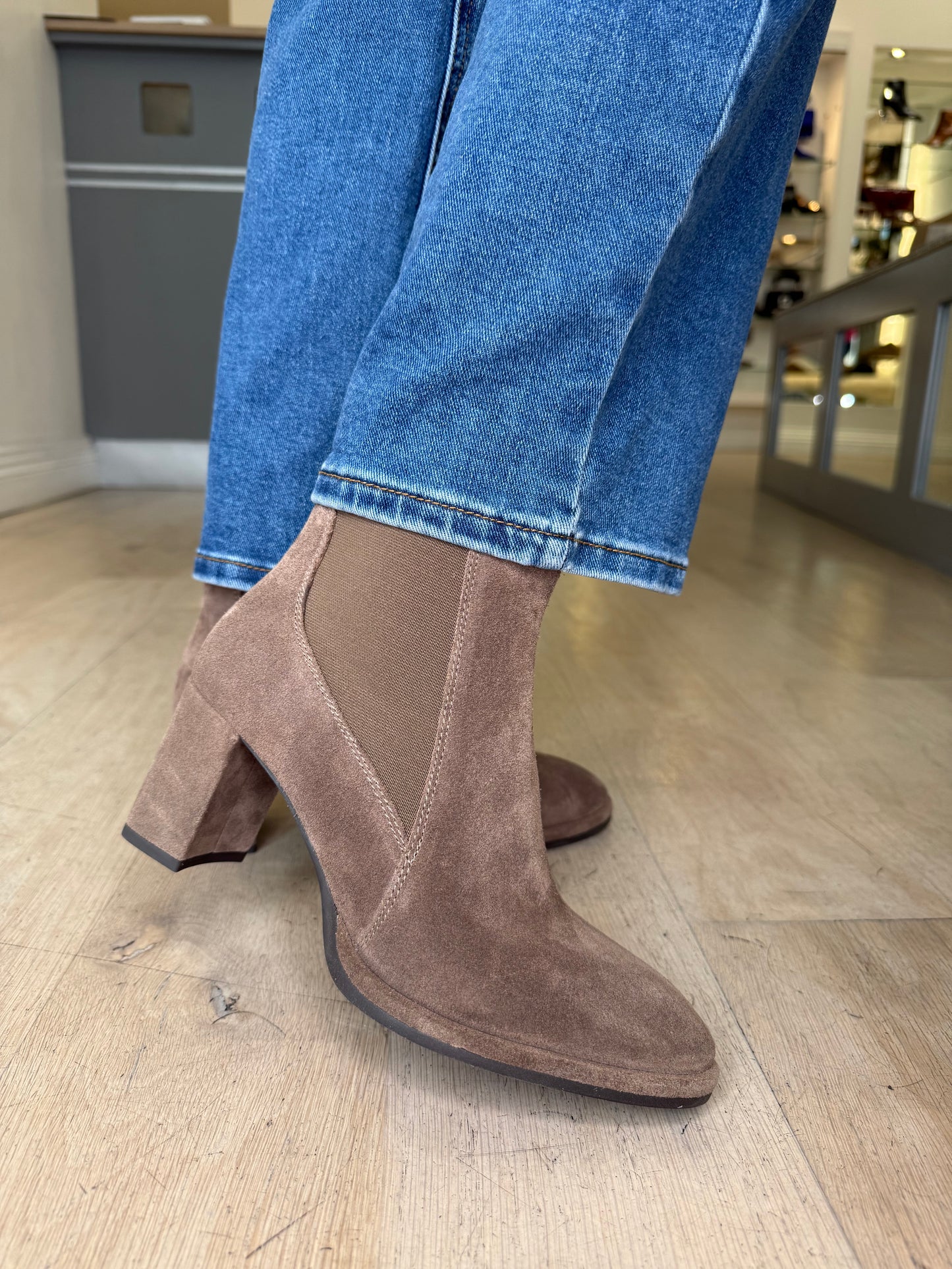Unisa - Taupe Suede Round Toe Block Heel Boot