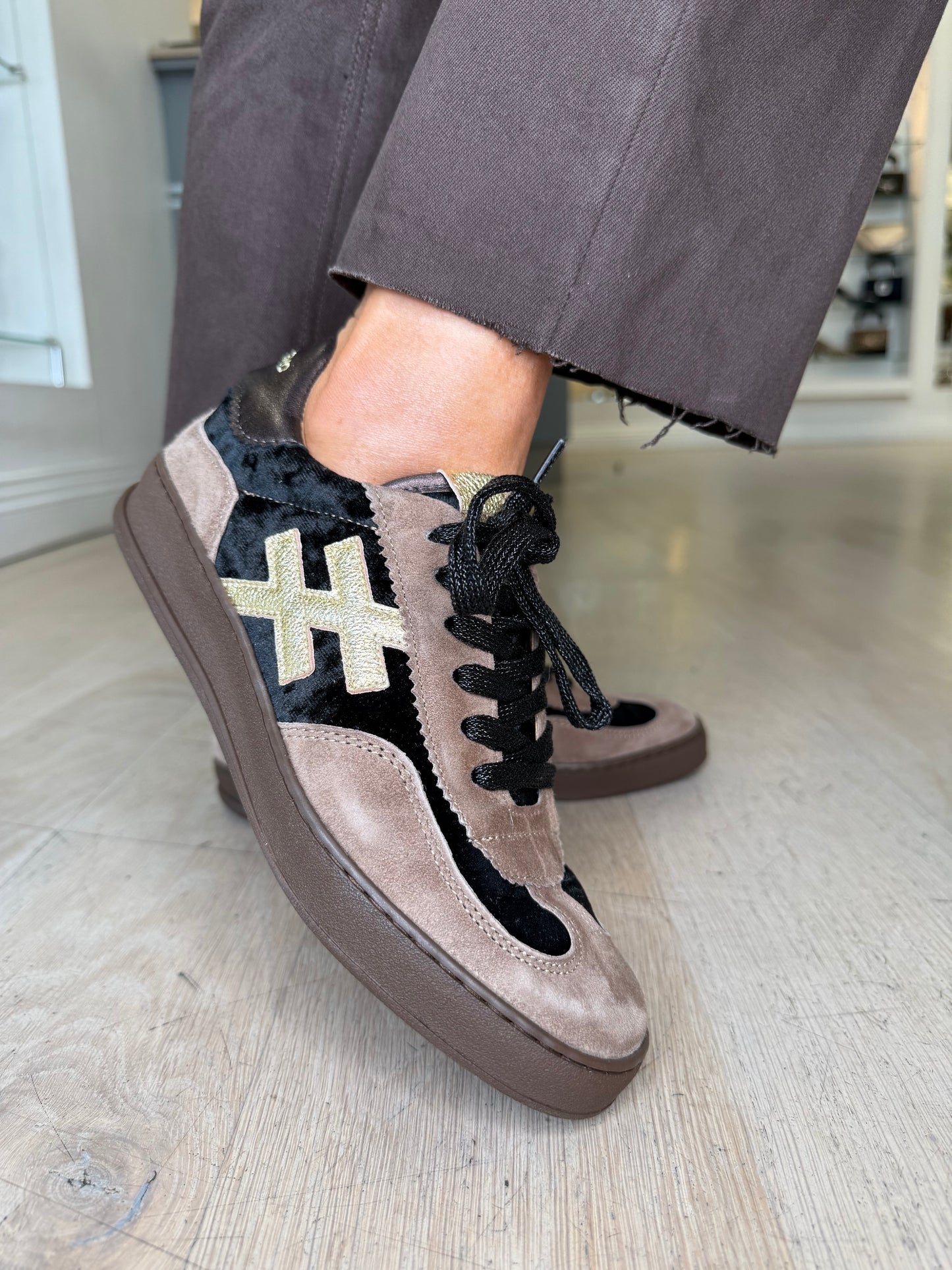Another Trend - Soft Brown Suede/ Black Velvet Trainer With Metallic Gold & Dark Bronze Trim