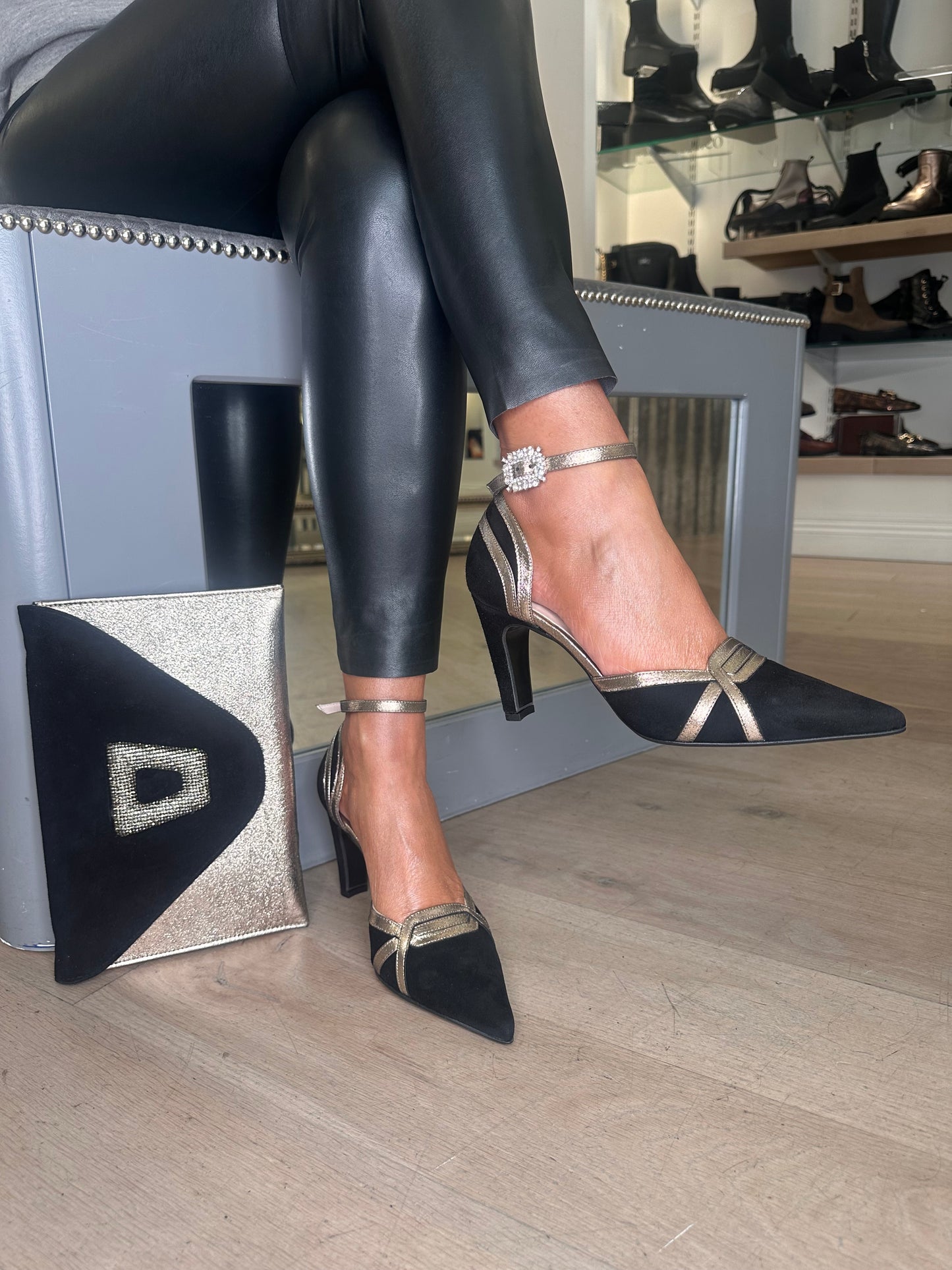 Marian - Black Suede / Bronze Metallic Trim Pointy Toe Shoe