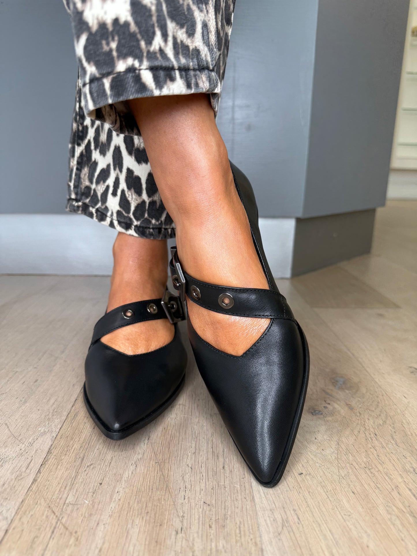 Hispanitas - Black Nappa Leather Pointy Toe Shoe With Strap Detail & Buckle Trim