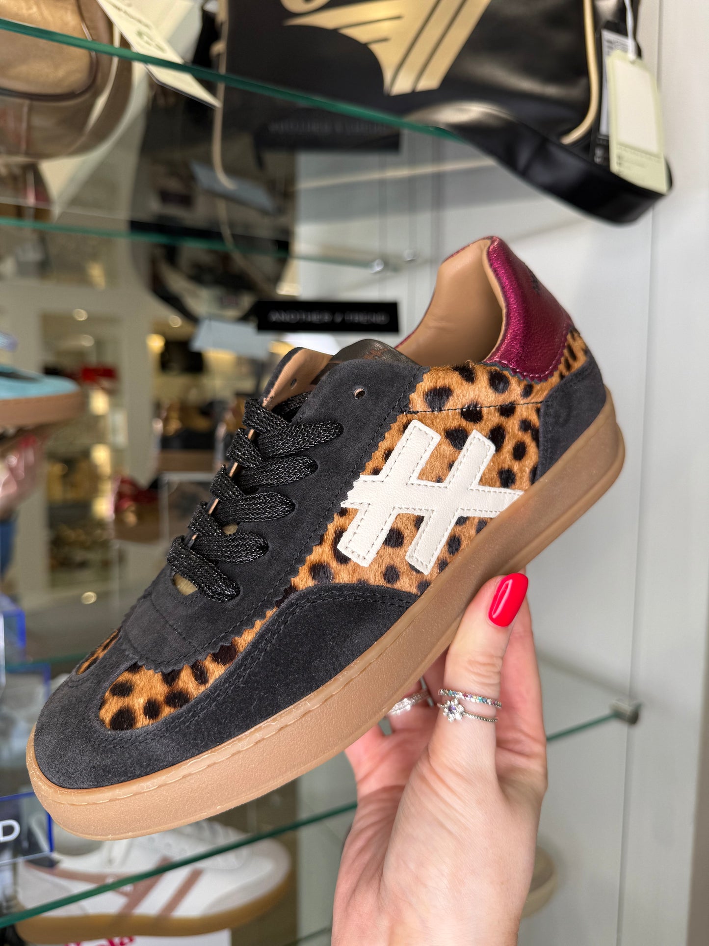 Another Trend - Black Suede/ Leopard Print Trainer With White Leather & Deep Metallic Pink Trim