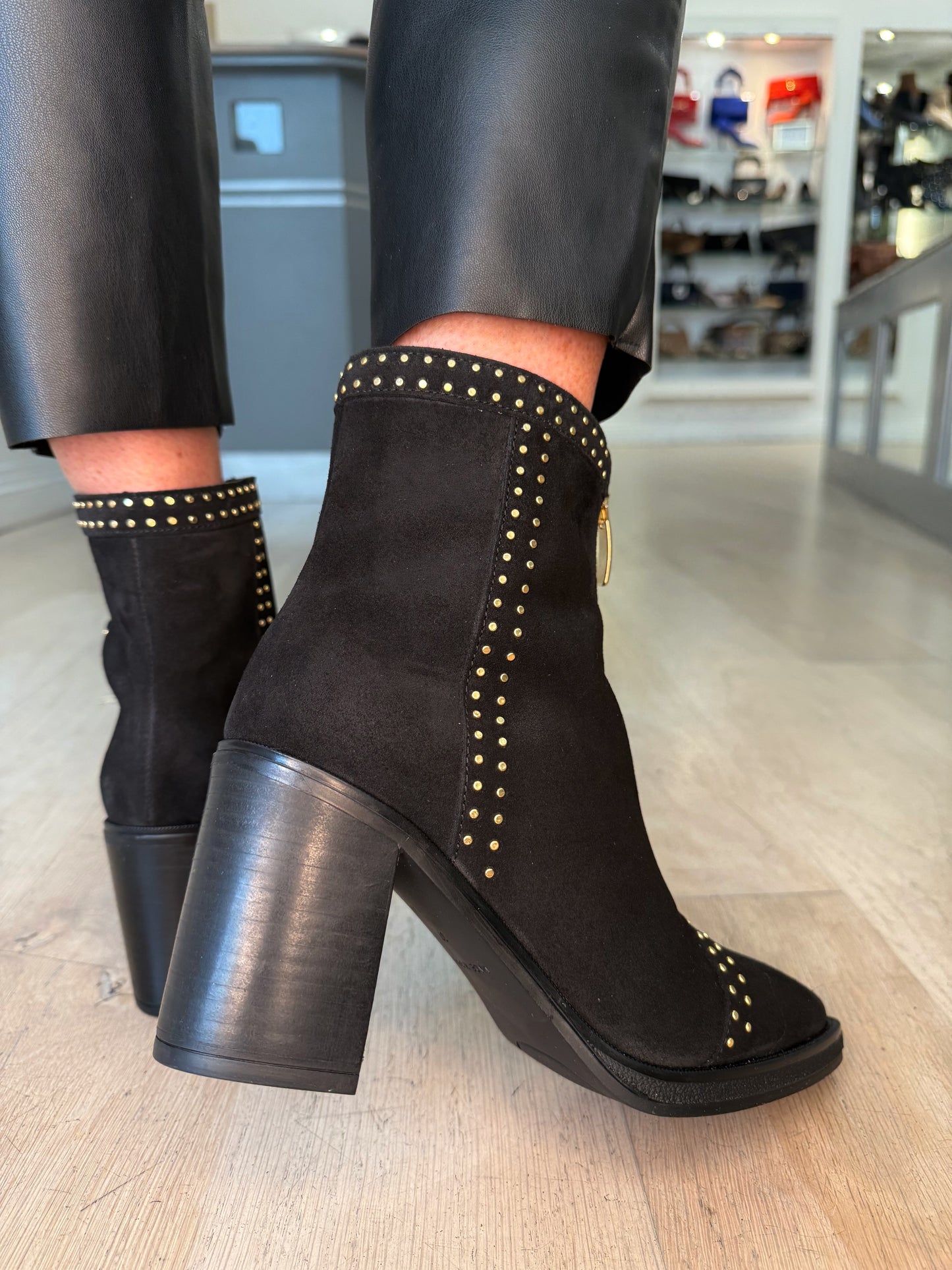 Alpe - Black Suede Zip Up Pointy Toe Boot With Block Heel & Gold Stud Trim